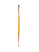 Makeup brush with wooden handle and metal ferrule on a white background