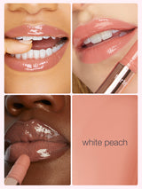 Collage of a lip product with close-up shots and color swatch labeled 'white peach'.