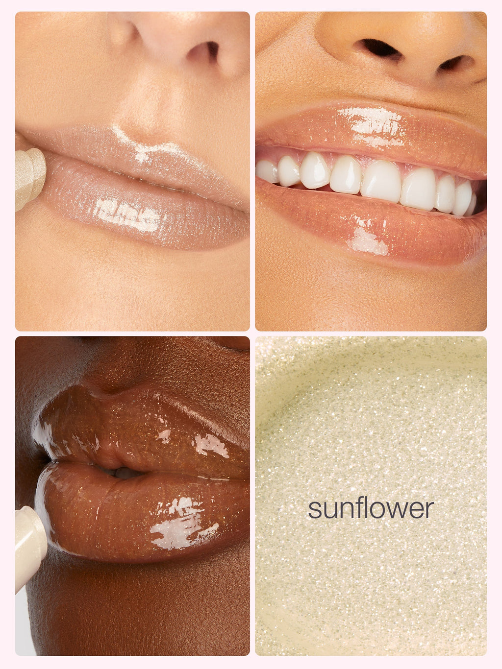 Collage of lip swatches with 'sunflower' shade on a beige background