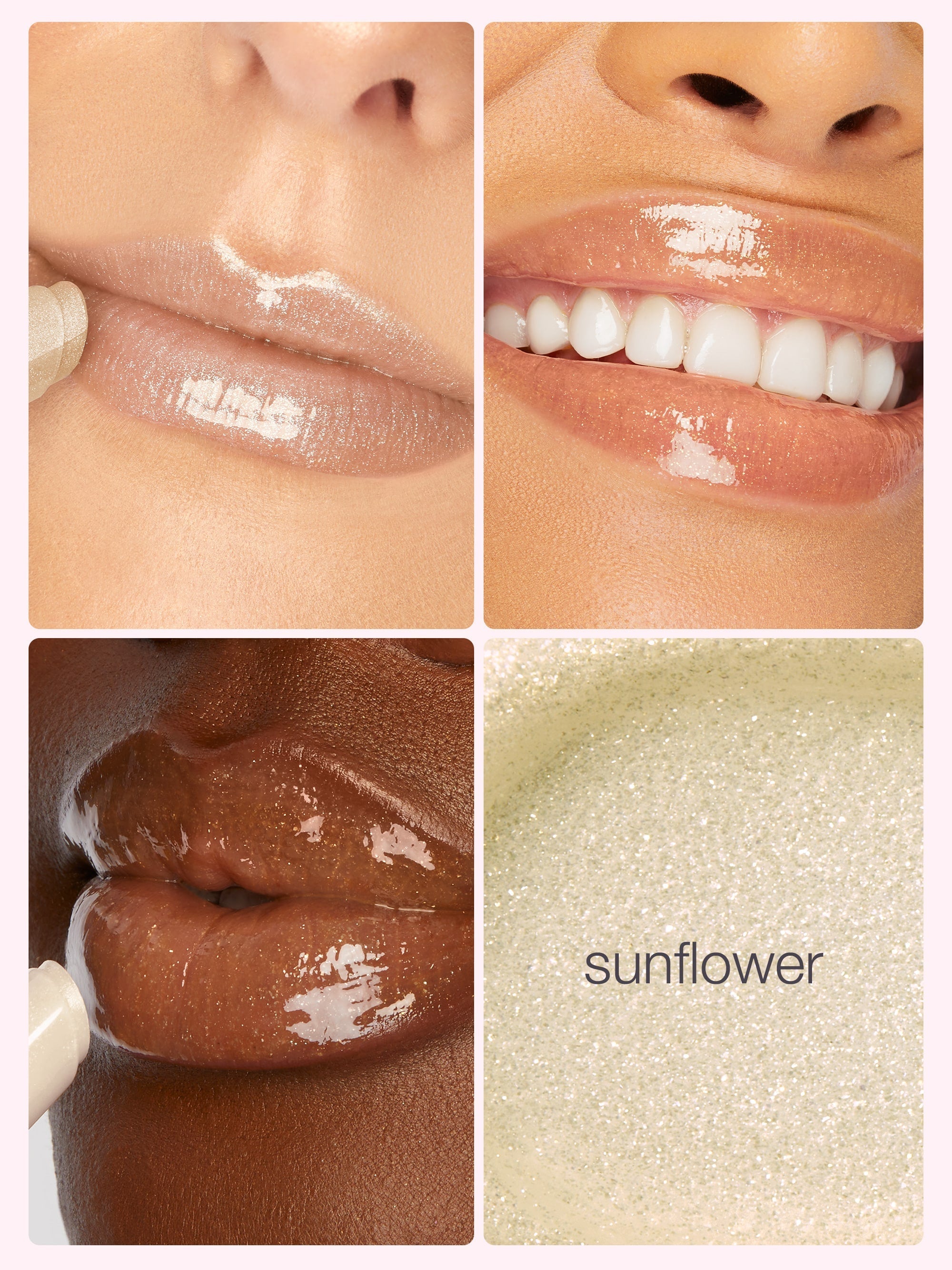 Collage of lip swatches with 'sunflower' shade on a beige background