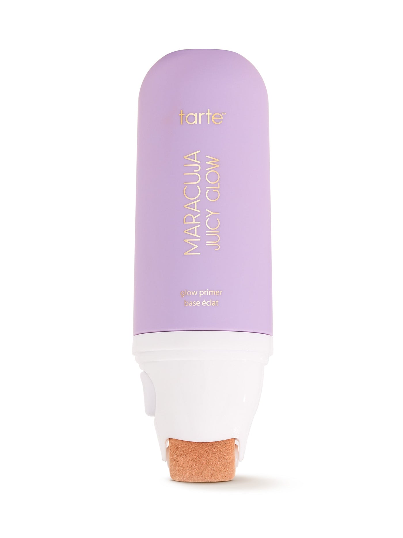 Lavender bottle with a white cap labeled 'Maracuja Juicy Glow' on a white background