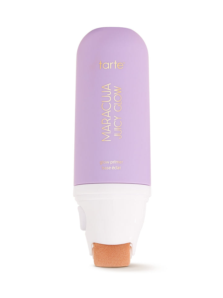 Lavender bottle with a white cap labeled 'Maracuja Juicy Glow' on a white background