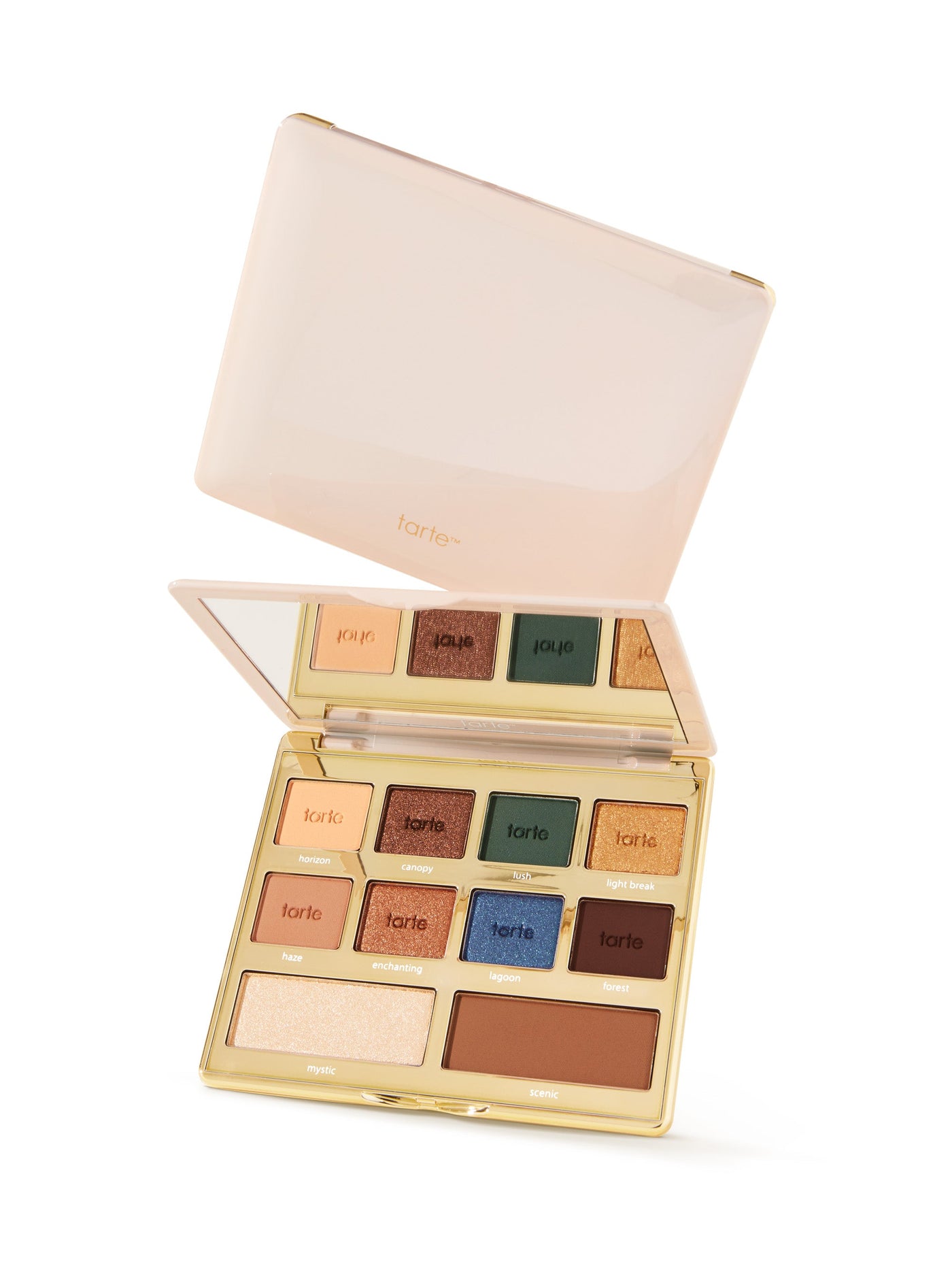 Makeup palette with various colors on a white background