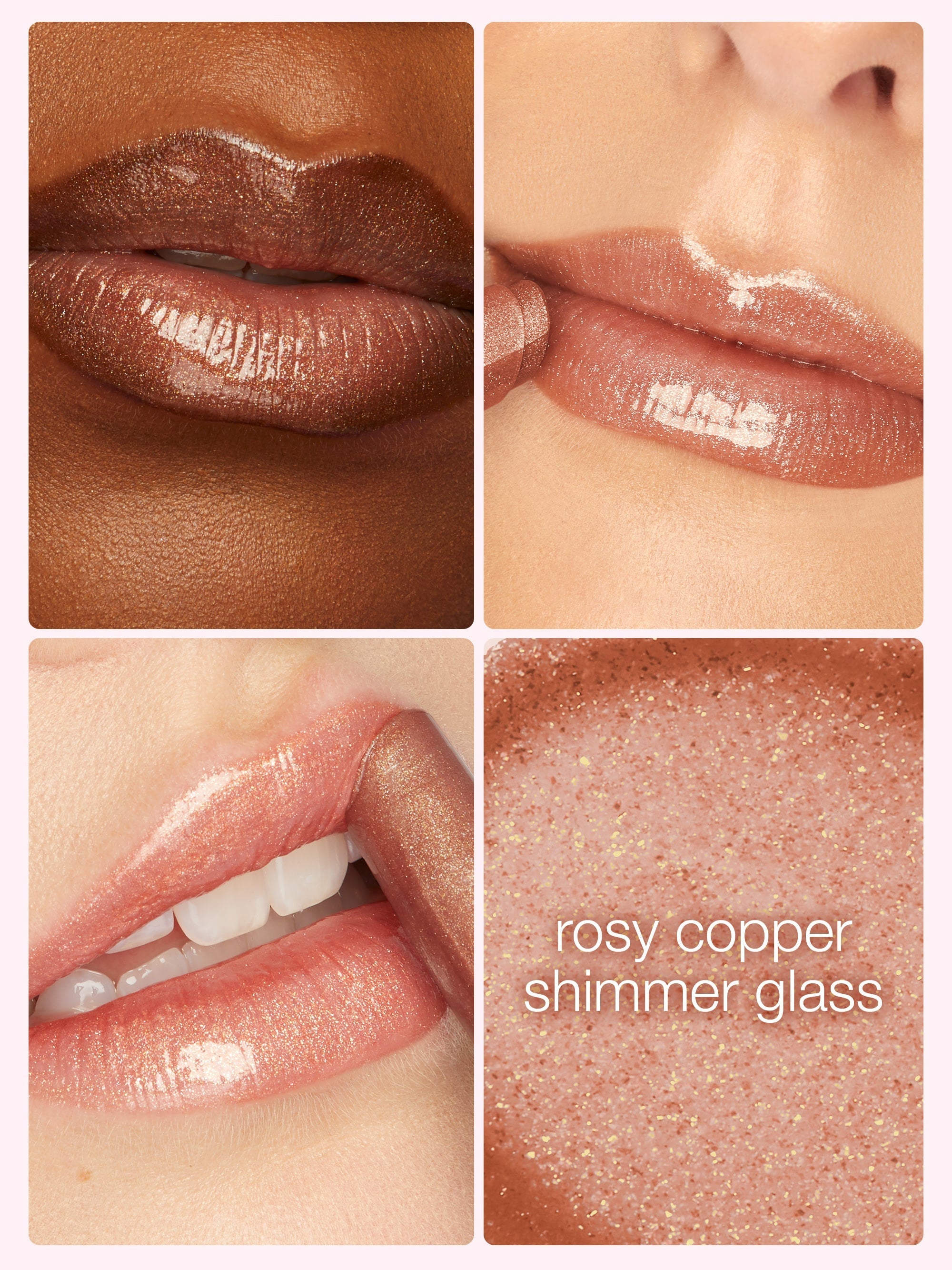 Collage of lips with rosy copper shimmer glass lip color on a beige background