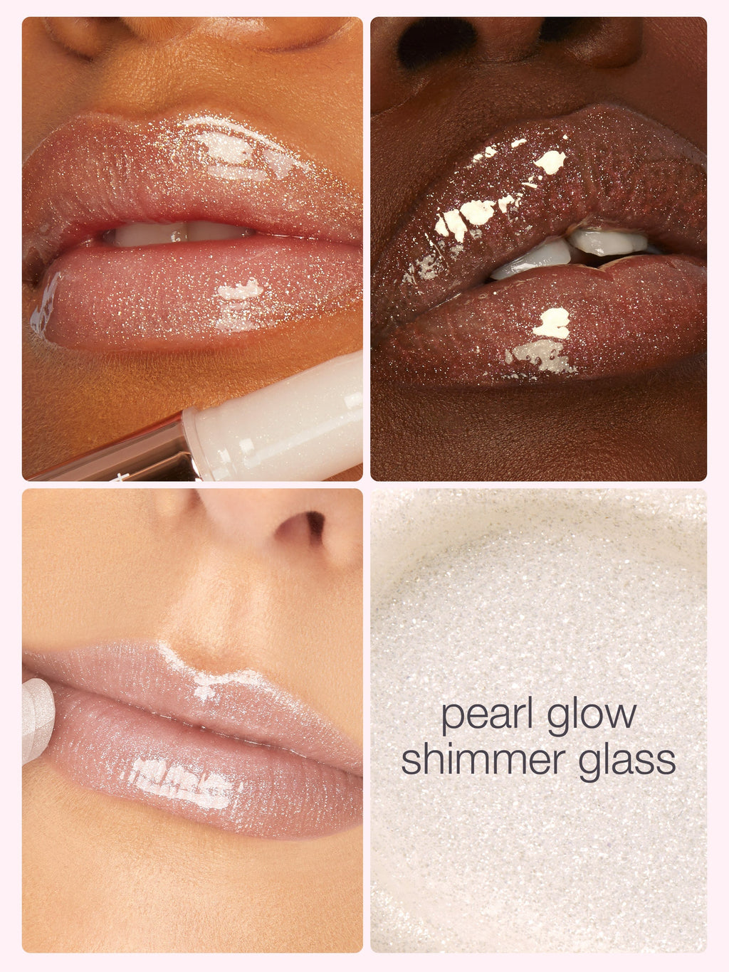 Collage of lips wearing pearl glow shimmer glass lipstick with close-up of product texture.