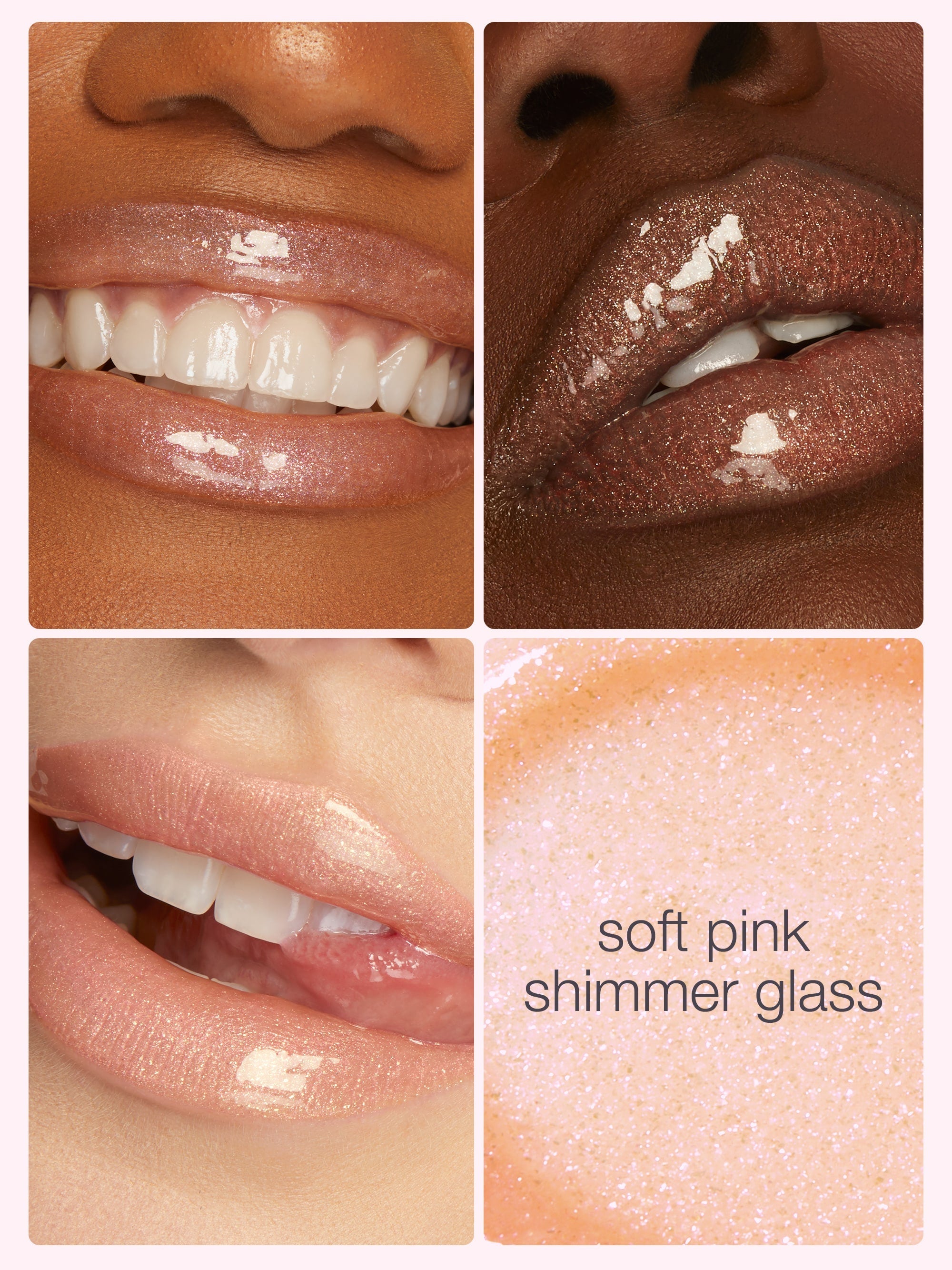 Collage of lips wearing a soft pink shimmer glass lipstick with close-up of product texture.