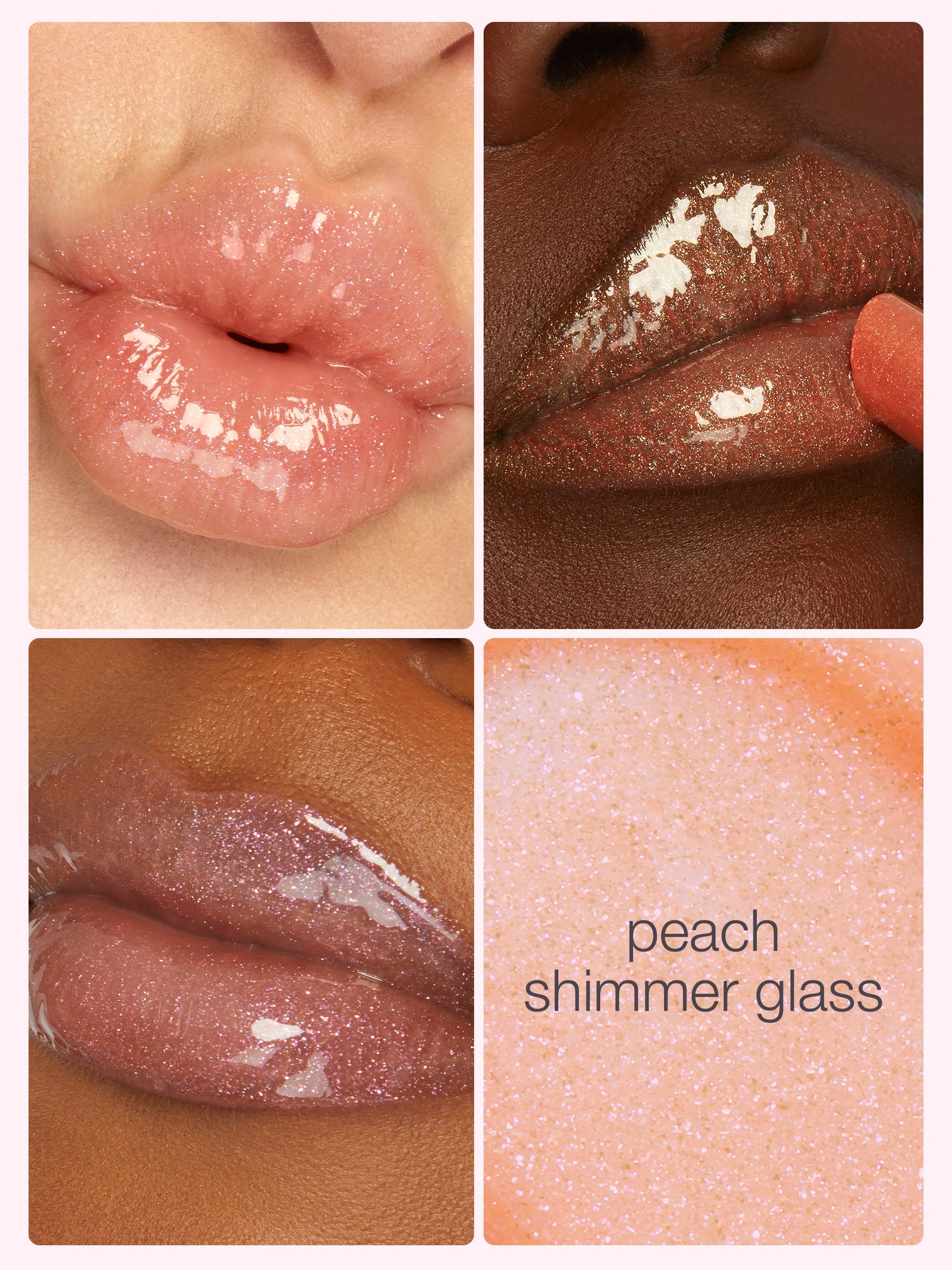 Collage of lip swatches with 'peach shimmer glass' text