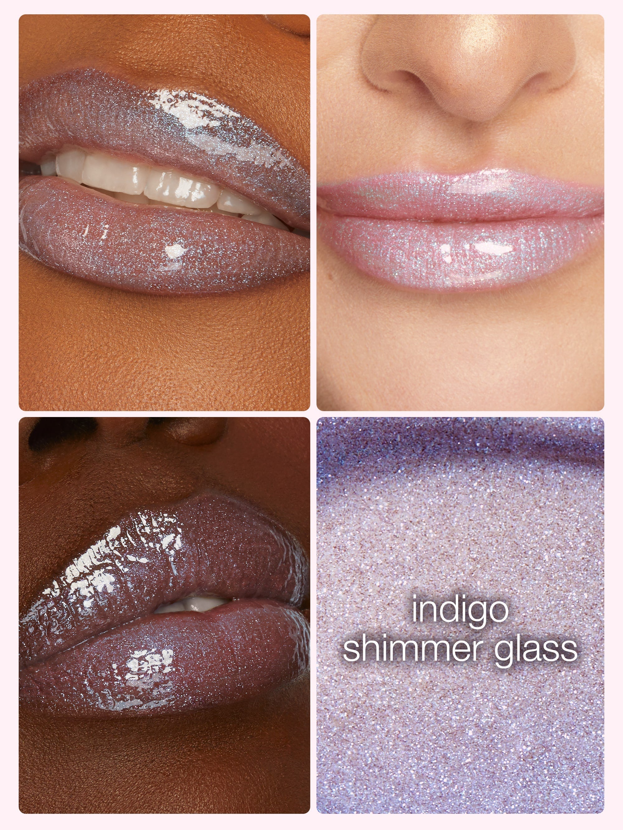 Collage of lip swatches with 'indigo shimmer glass' lipstick on a neutral background.