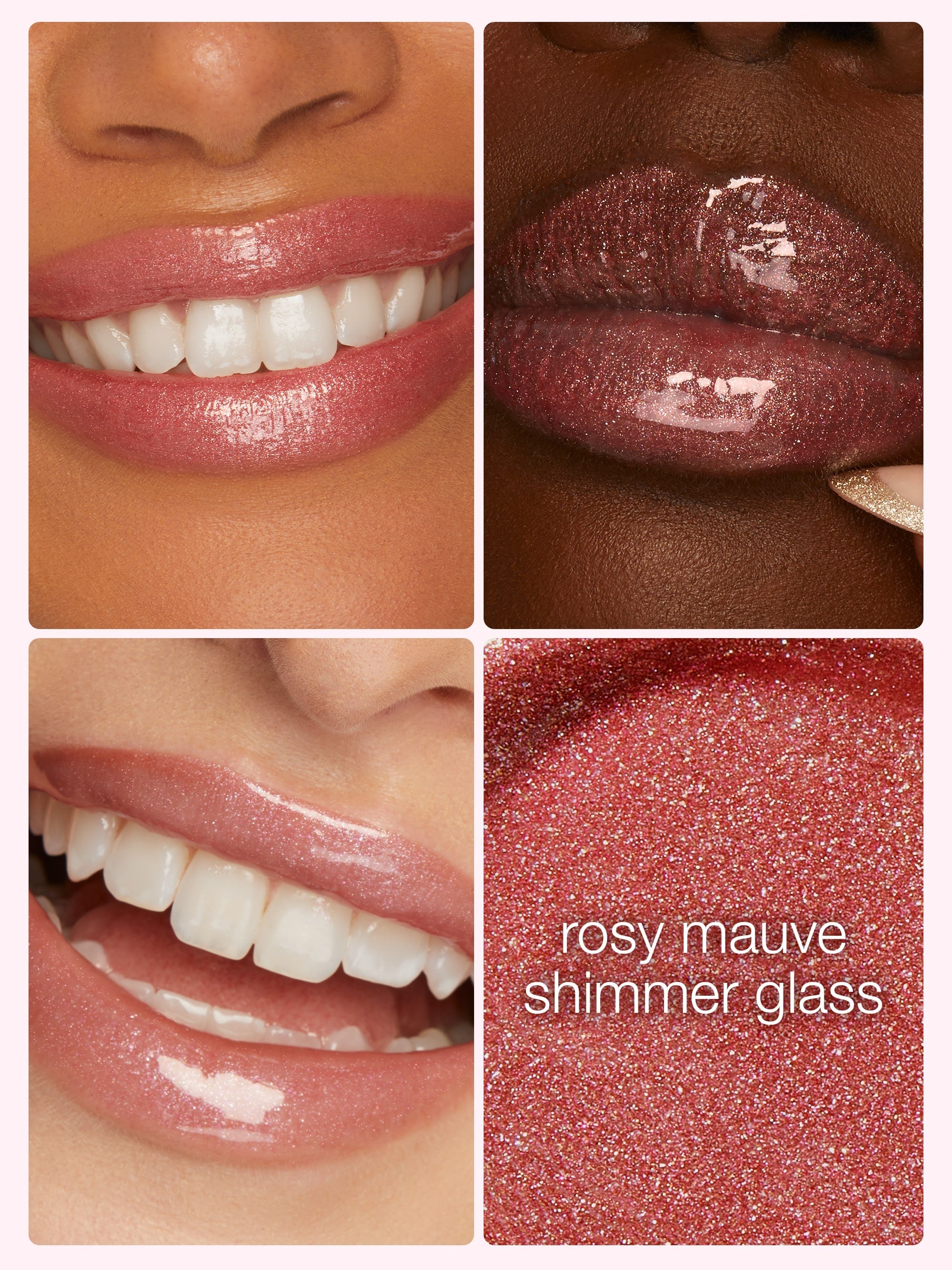 Collage of lips wearing a rosy mauve lip gloss with close-up and swatch on a pink background.