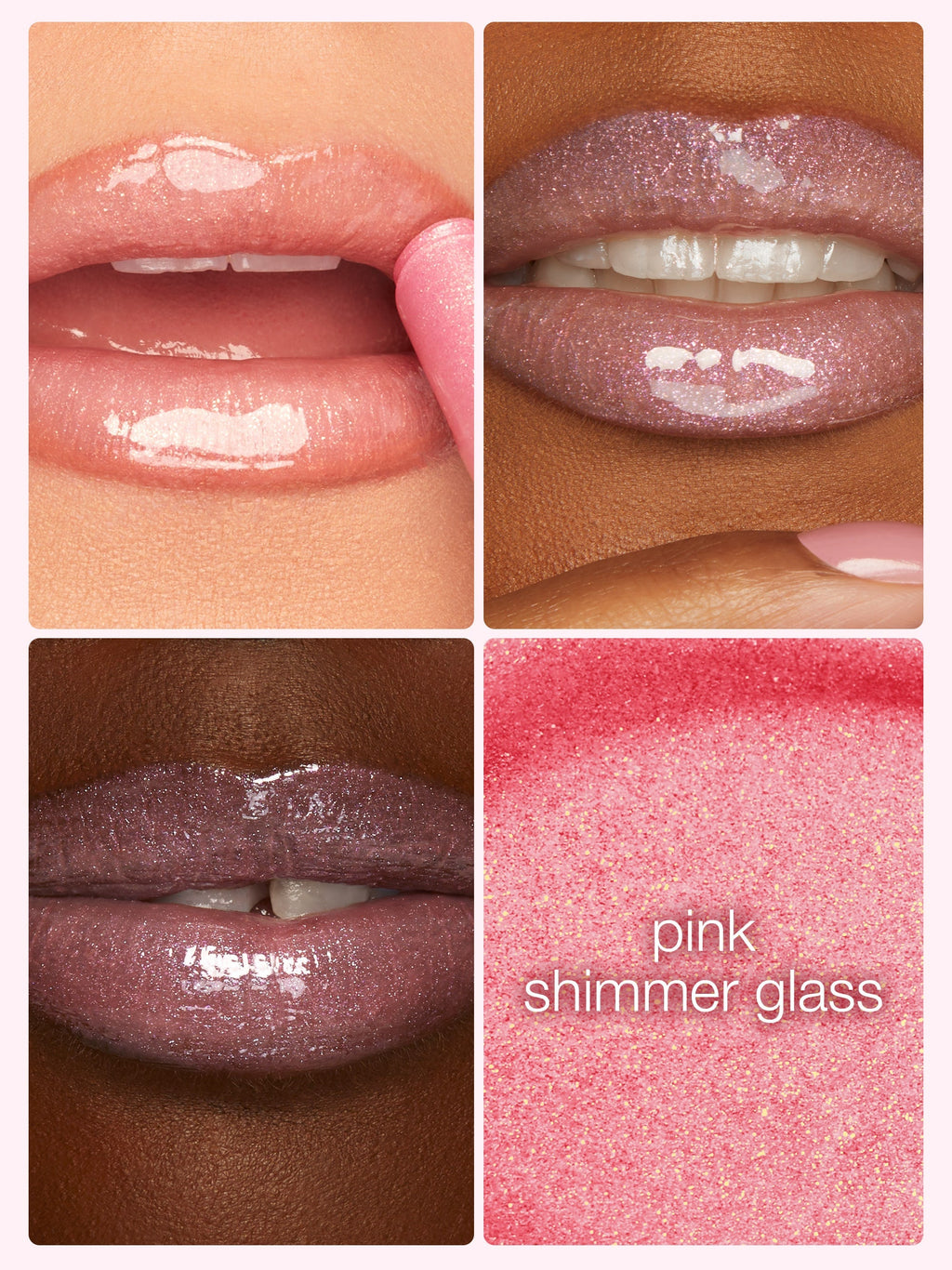 Collage of pink lip gloss on lips with close-up and color swatch.