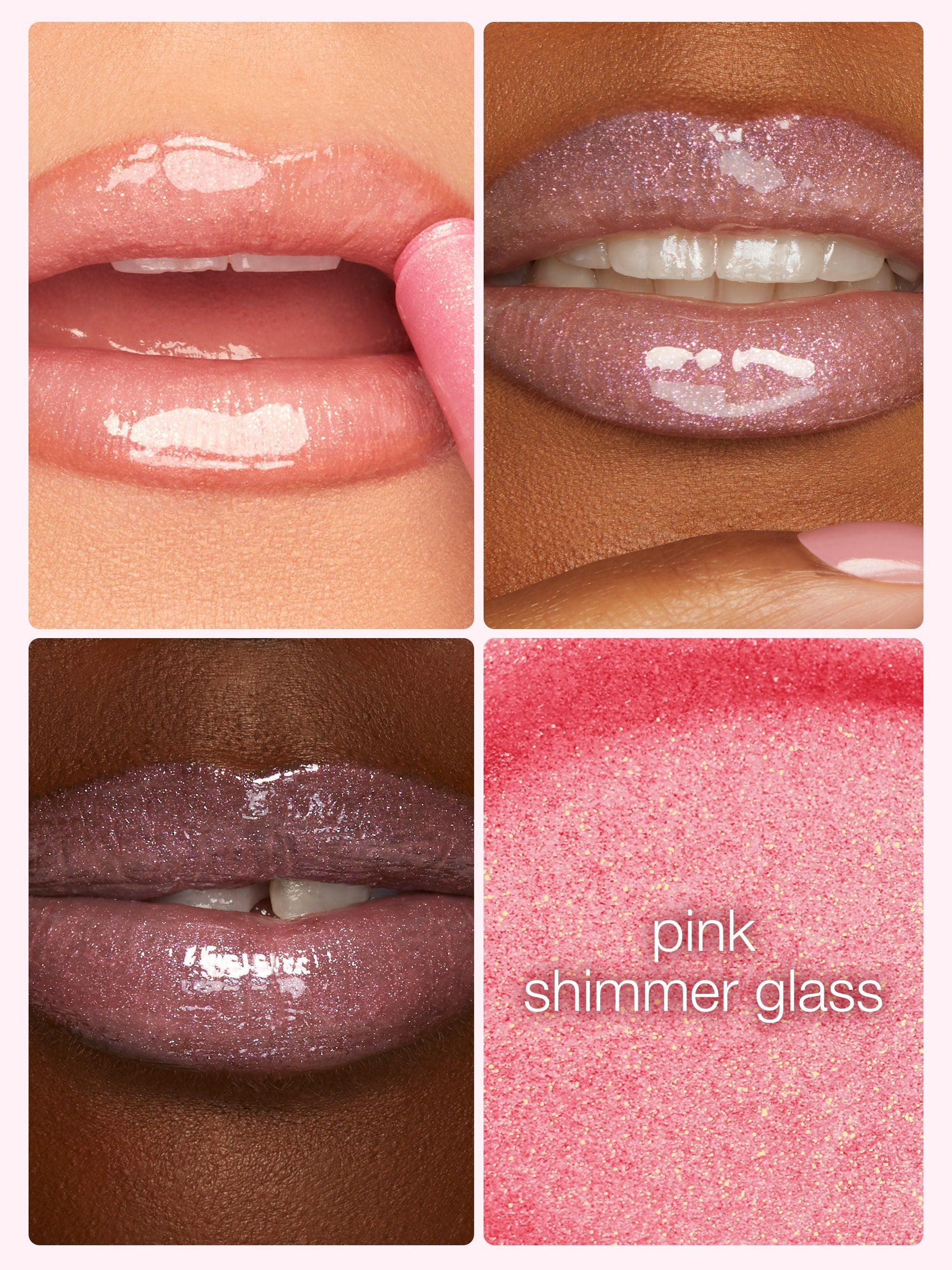 Collage of pink lip gloss on lips with close-up and color swatch.