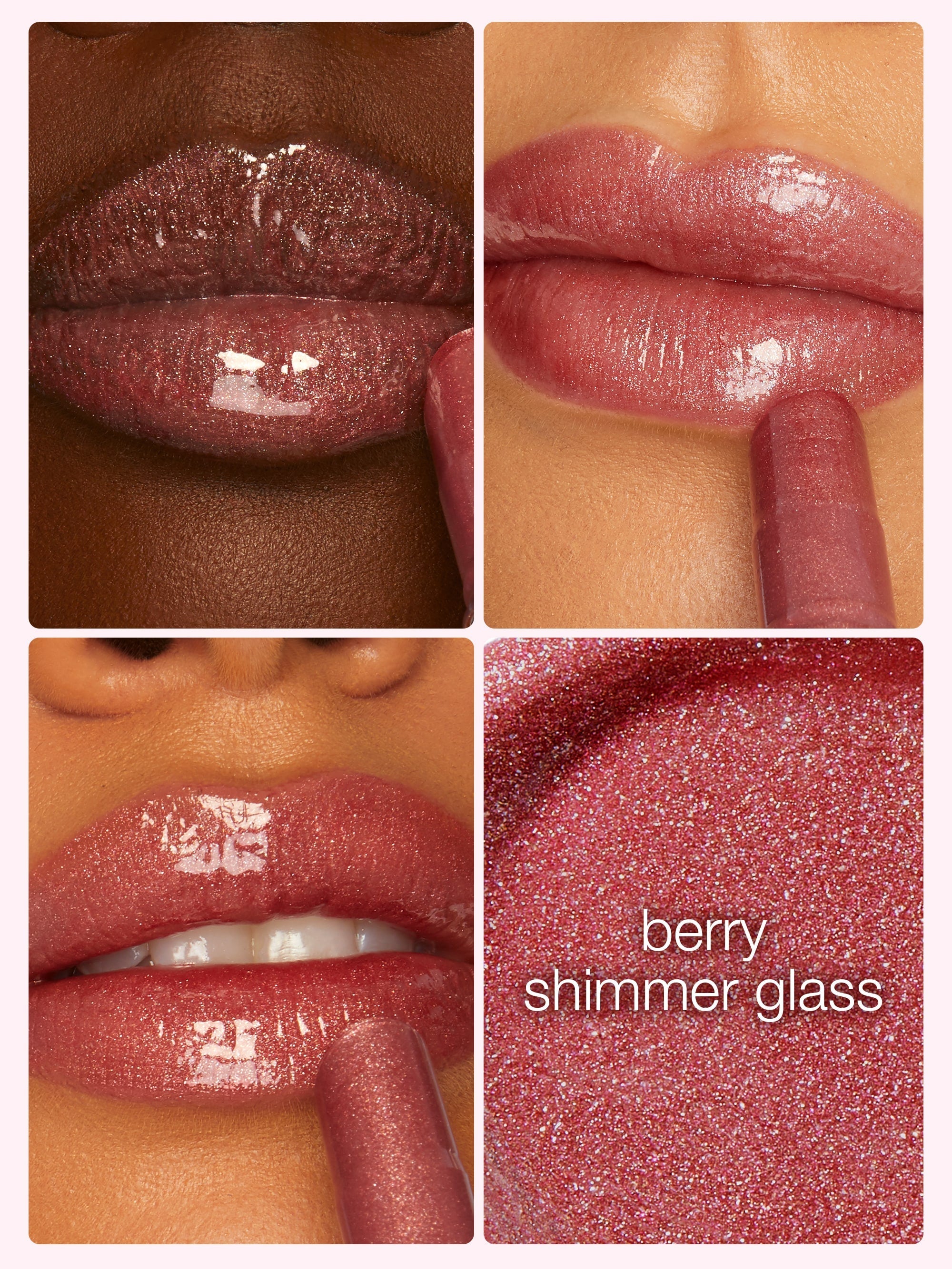 Collage of a berry shimmer glass lipstick on lips with close-up details.