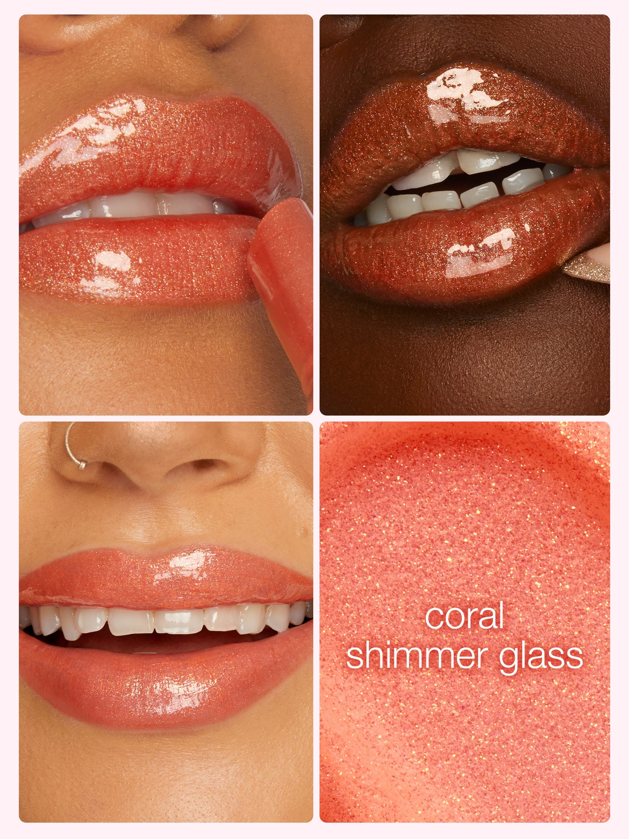 Collage of coral lip gloss on lips with close-up of color swatch labeled 'coral shimmer glass'.