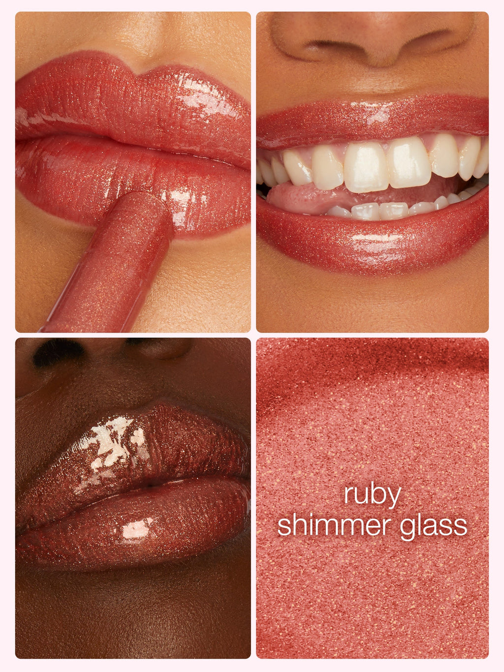 Collage of a lip swatch with close-up views and a color name label.