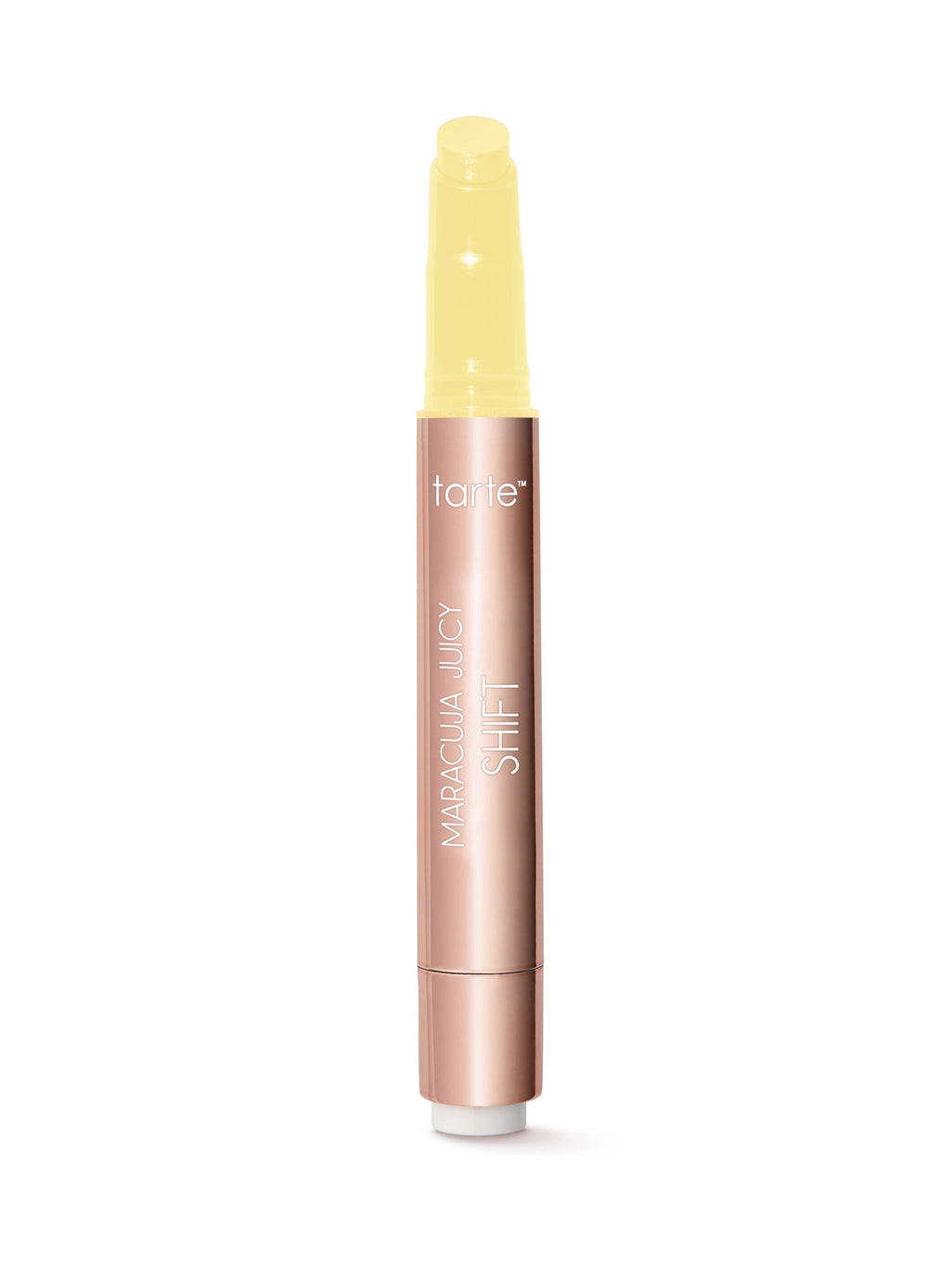 Tarte Cosmetics makeup product with yellow cap and rose gold body on a white background