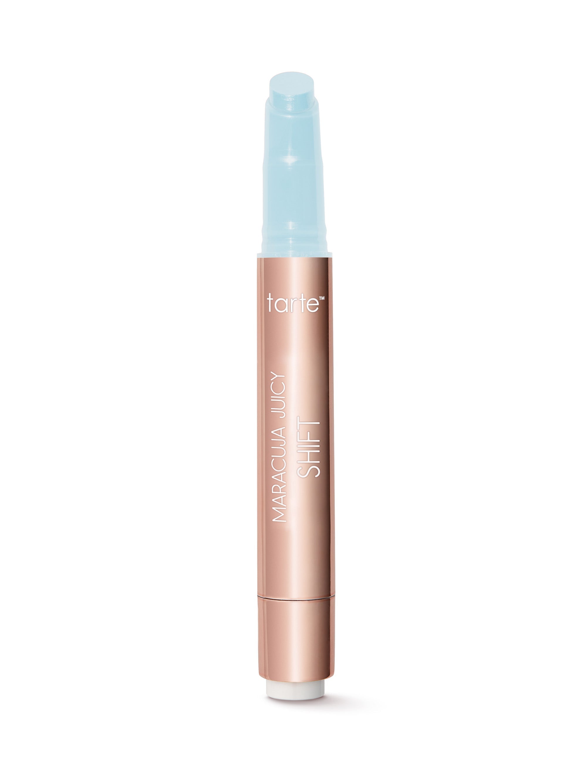 Tarte makeup product with rose gold casing and light blue top on white background