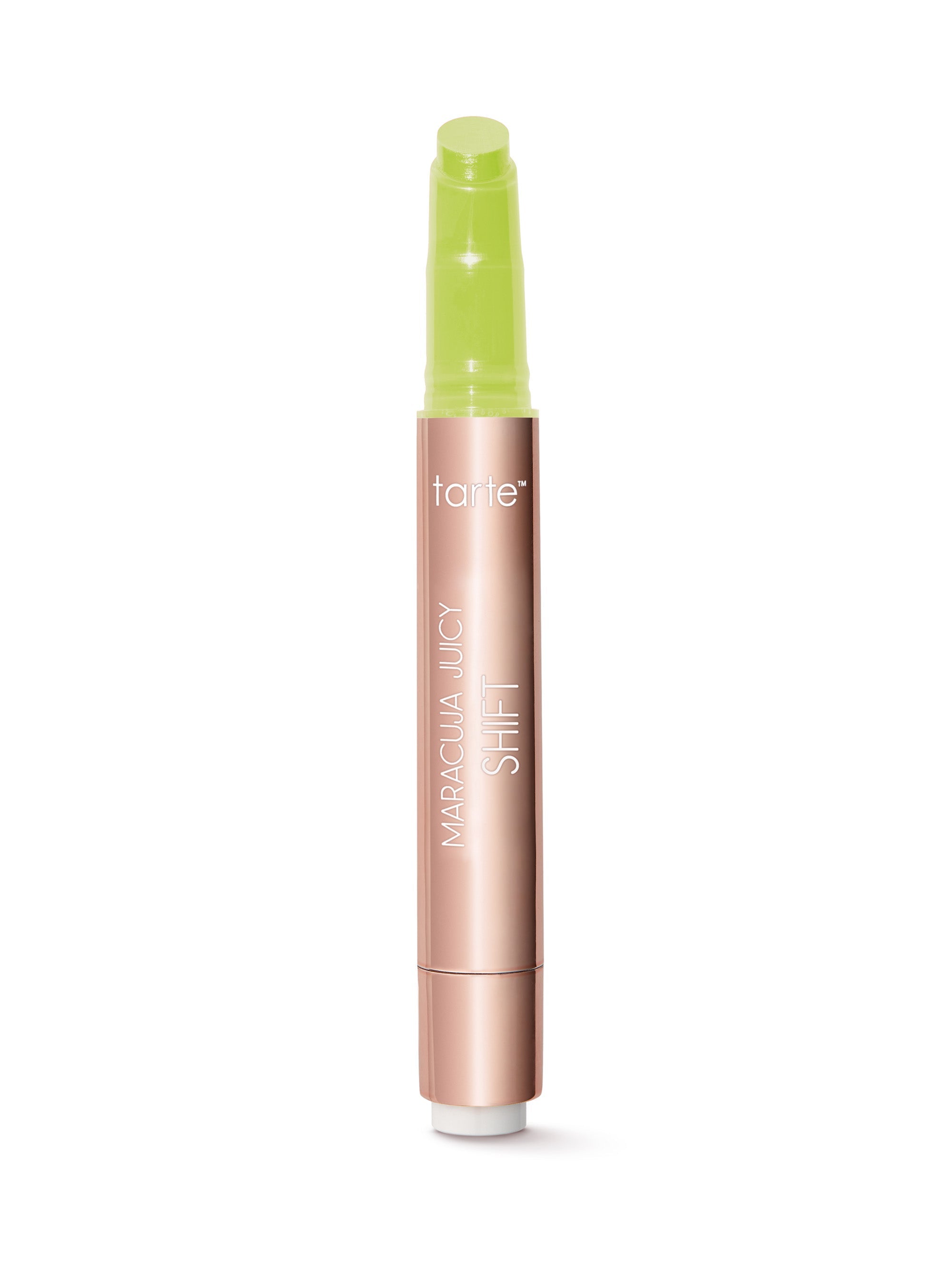 Tarte Cosmetics lip product with green cap and rose gold body on a white background
