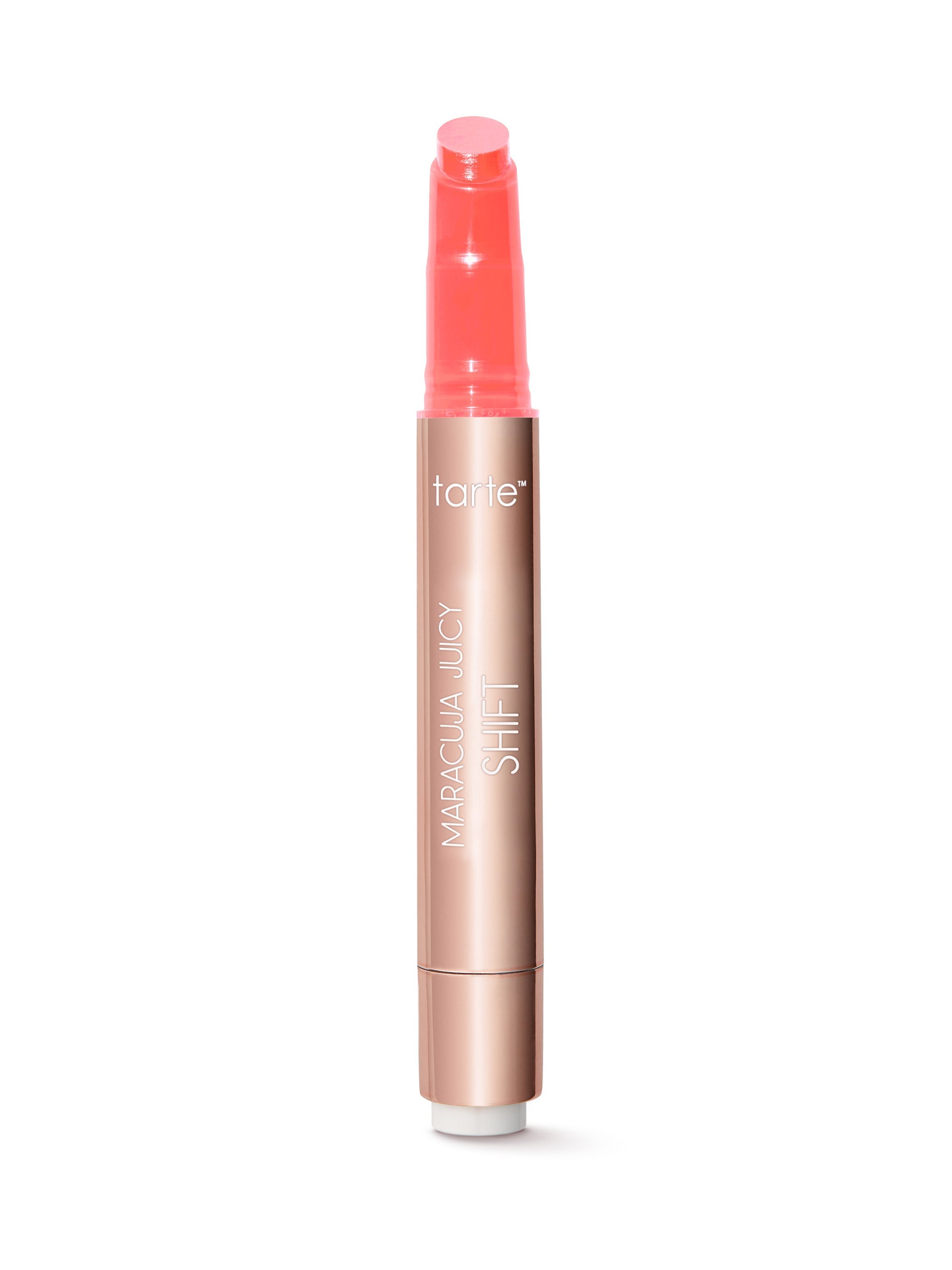 Lip tint with a rose gold casing on a white background