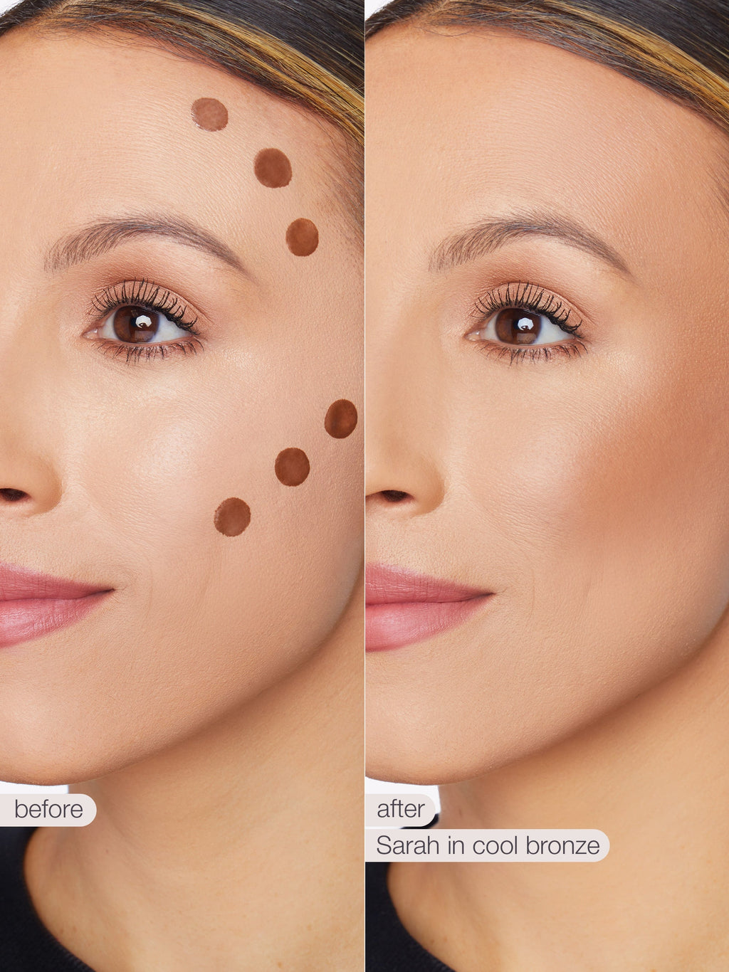 Before and after comparison of a woman's face with concealer application on a beige background.