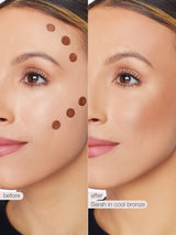 Before and after comparison of a woman's face with concealer application on a beige background.