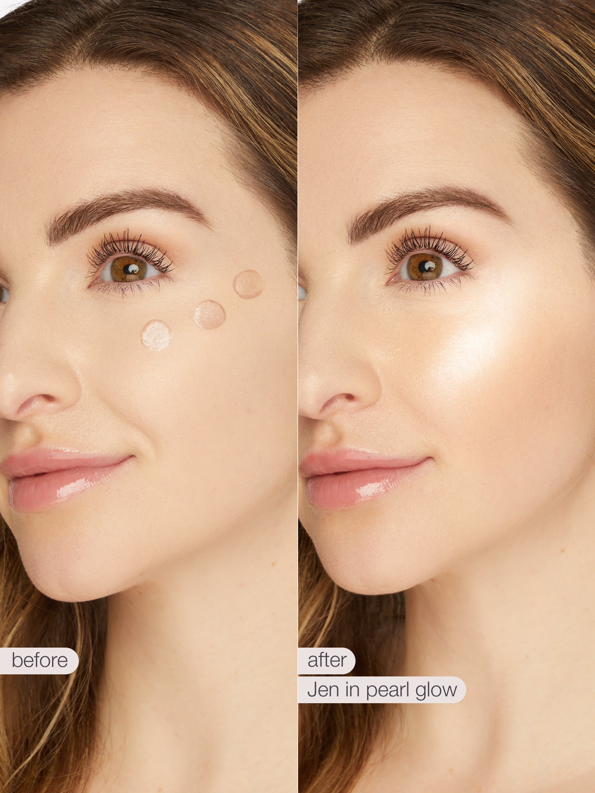 Before and after comparison of a woman's face with 'Jen in Pearl Glow' makeup application.