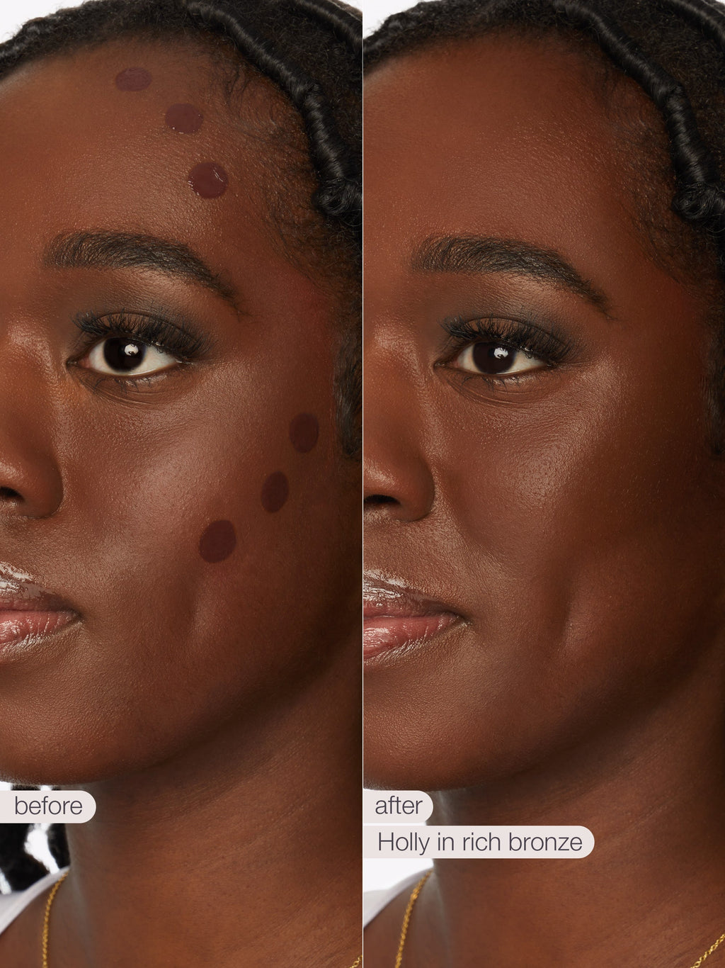 Before and after comparison of a woman's face with a cosmetic product applied, labeled 'Holly in rich bronze'.