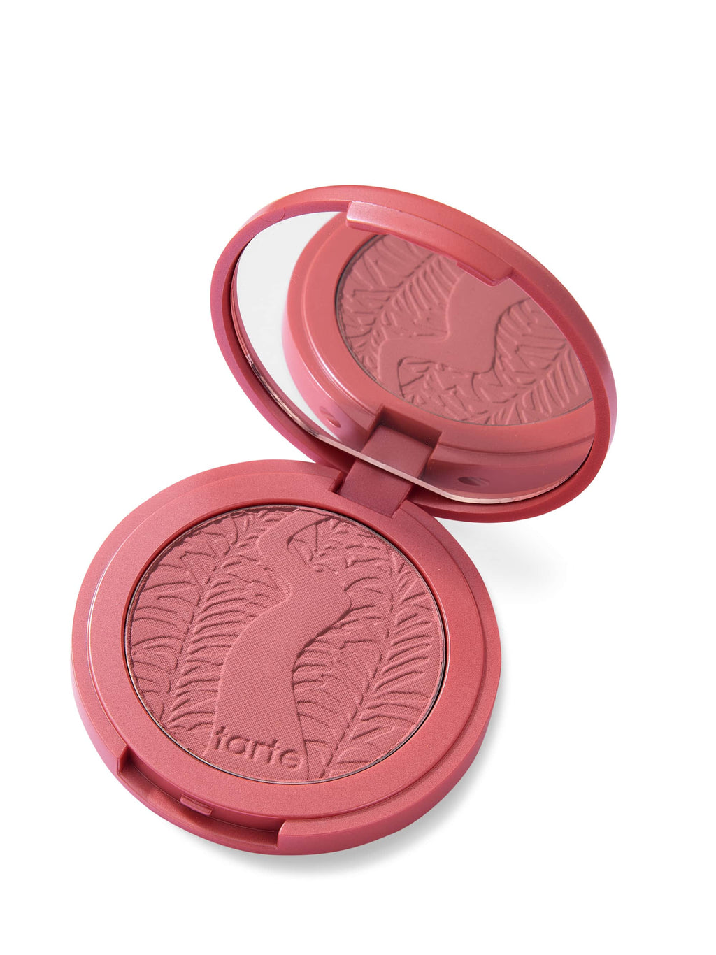 Pink makeup compact with 'tarte' branding on a white background