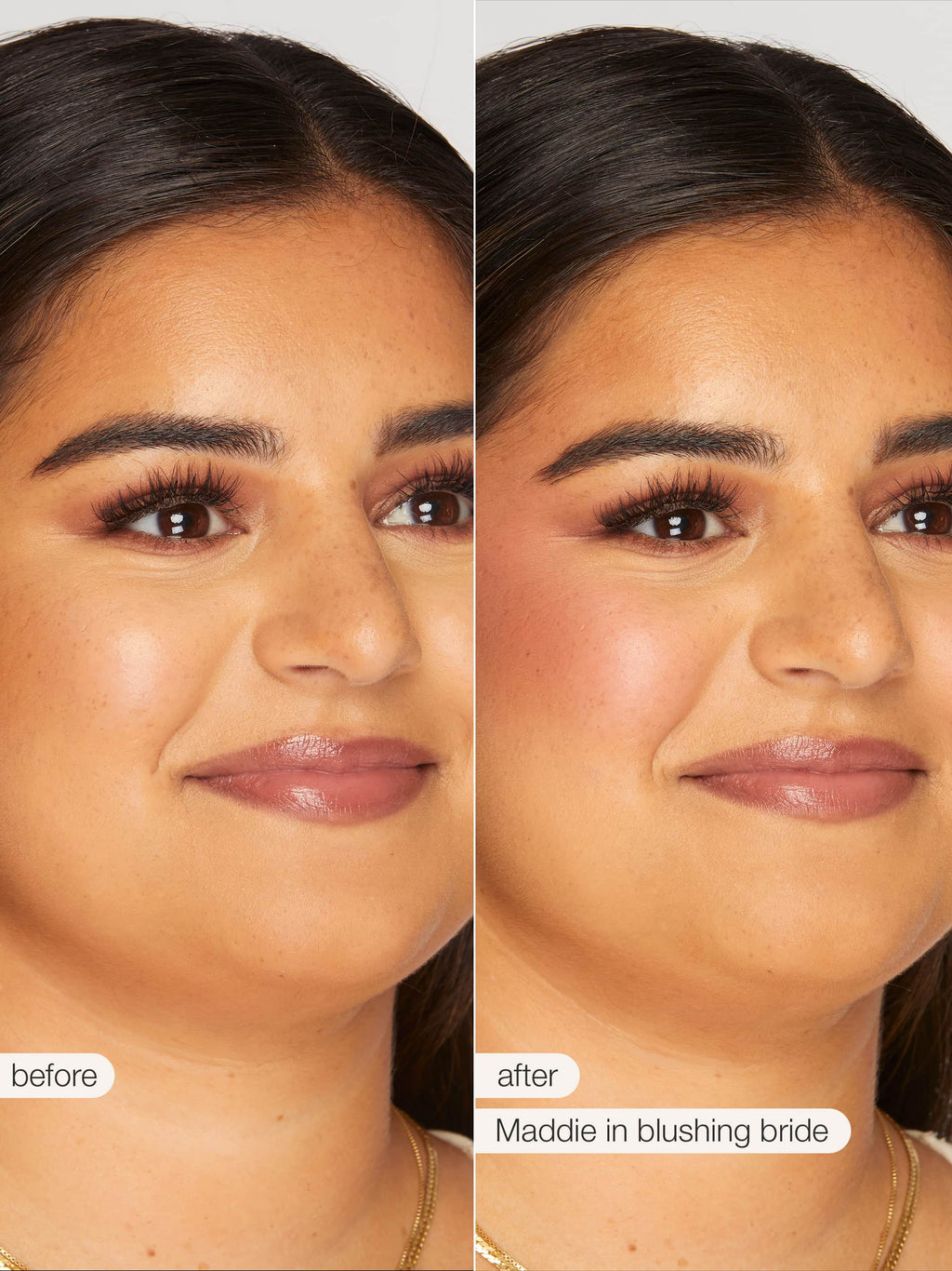 A woman's face is shown in two side-by-side images. The left labeled before, and the right after. The right image highlights more vibrant cheeks, suggesting makeup use, specifically Tarte Cosmetics shape tape™ blurring powder.