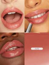 Collage of a woman applying and showcasing a pink lipstick labeled 'Joyful'.