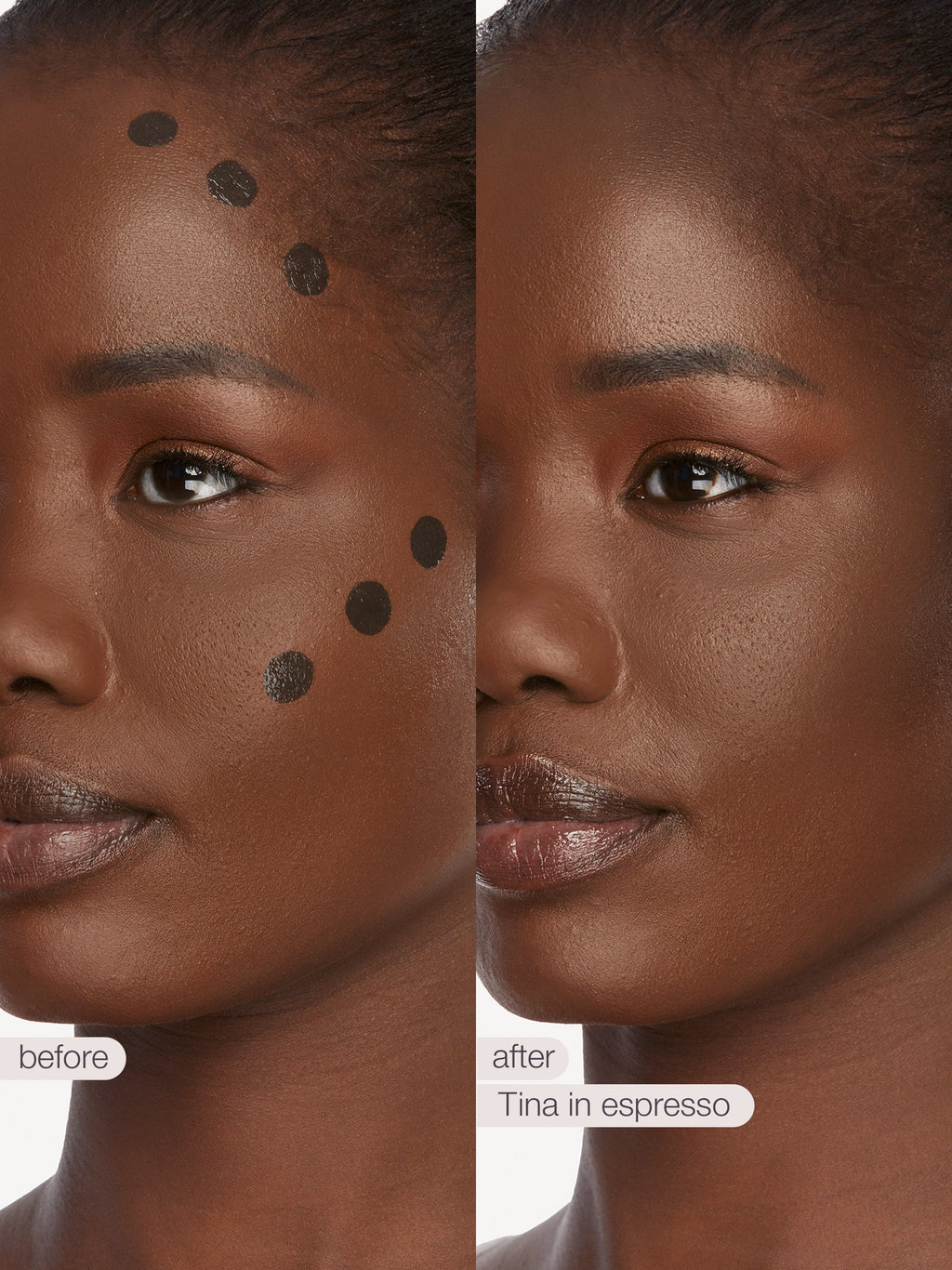 Before and after comparison of a woman's face with 'Tina in espresso' makeup.