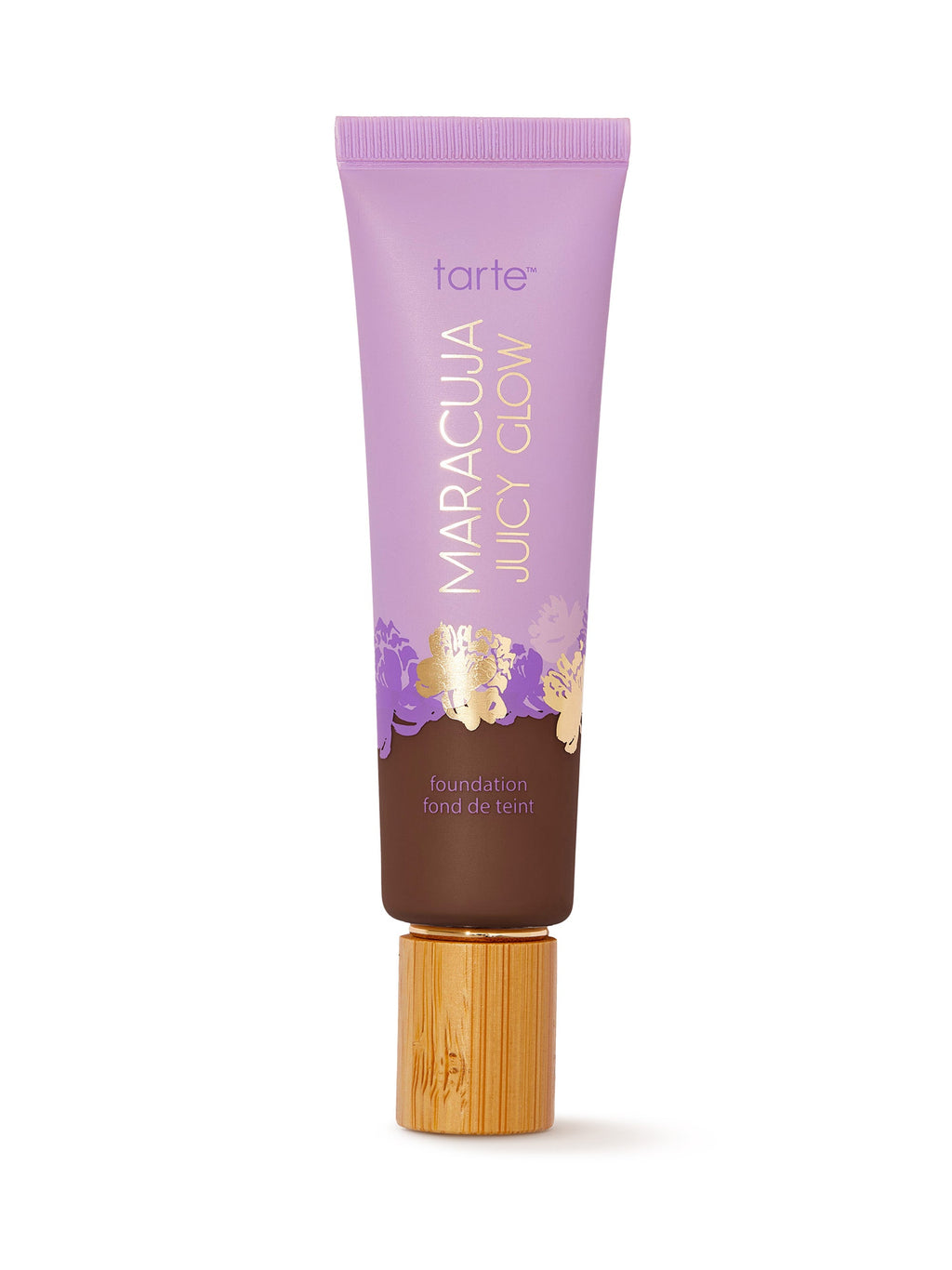 Tarte Maracuja Juicy Glow foundation tube with purple cap on a white background