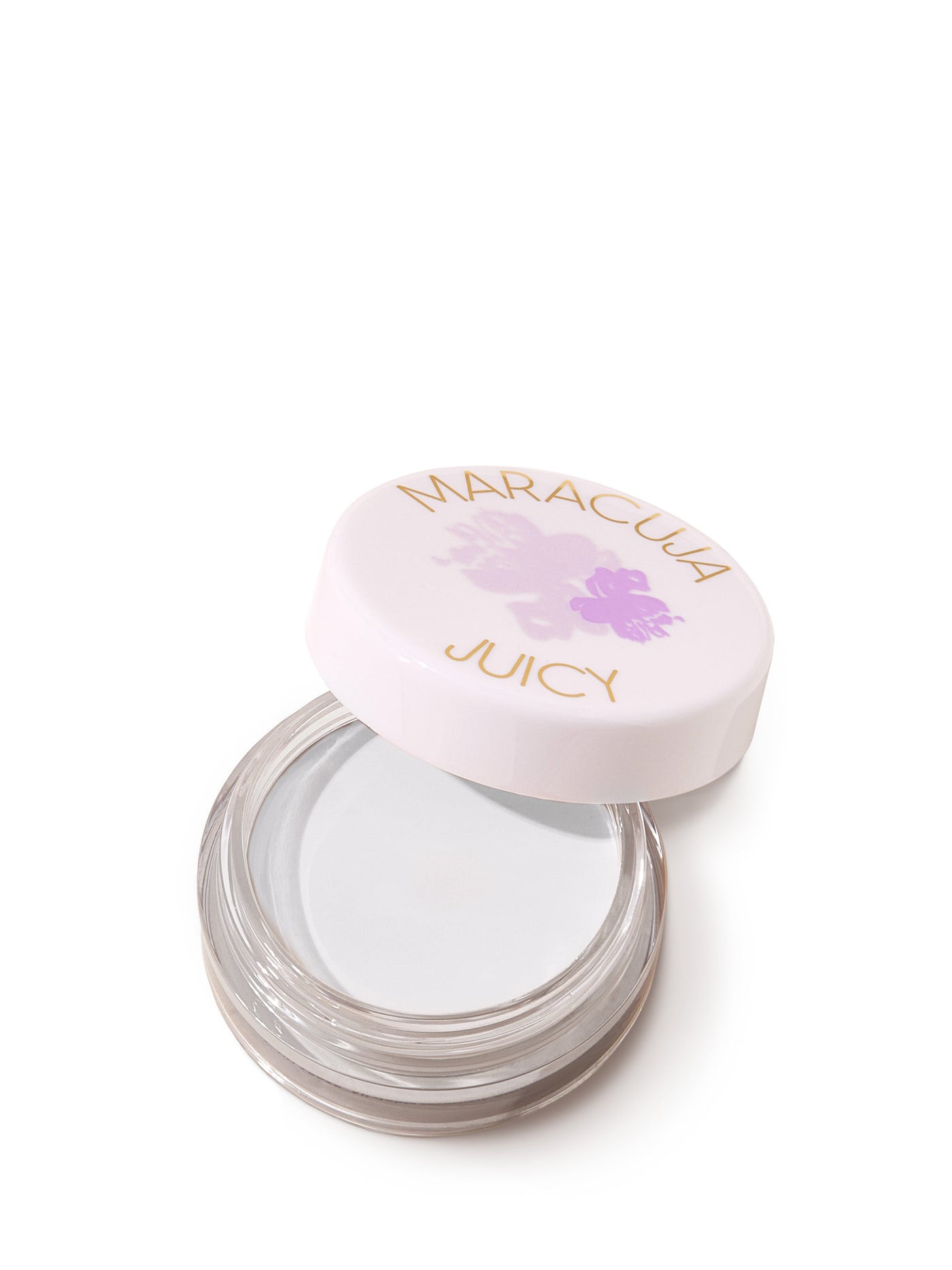 Small clear container with a white lid featuring 'Maracuja Juicy' branding on a white background