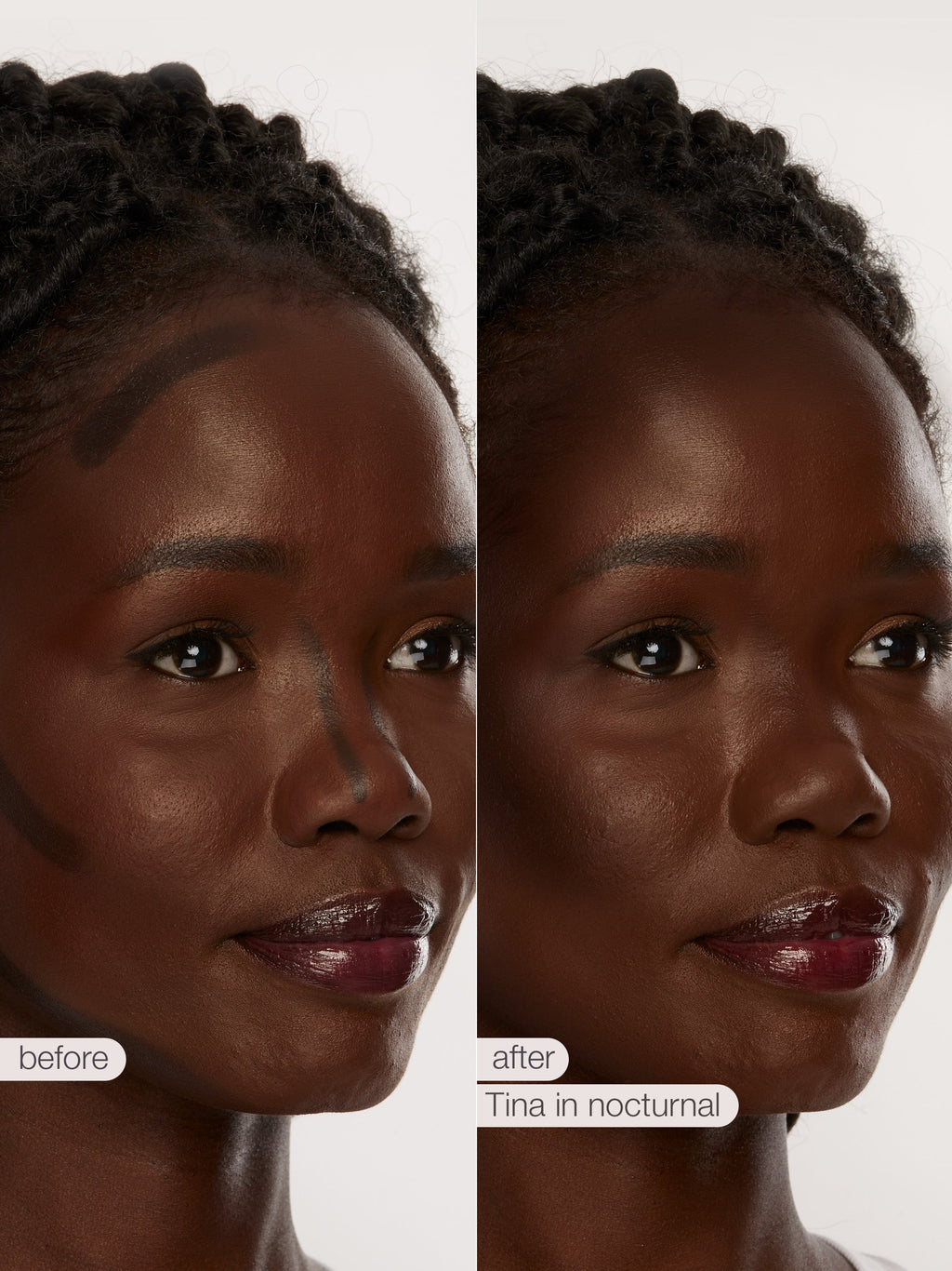 Before and after comparison of a woman's face with 'Tina in nocturnal' product application.