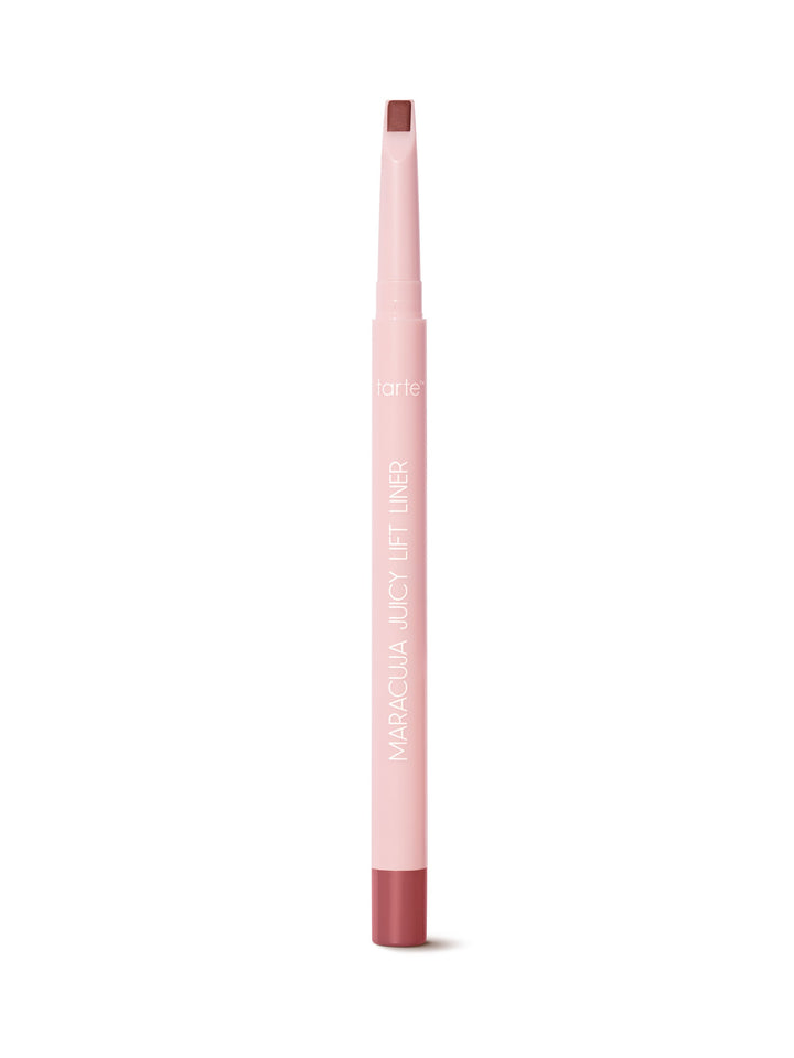 Pink lip liner with brown tip on a white background