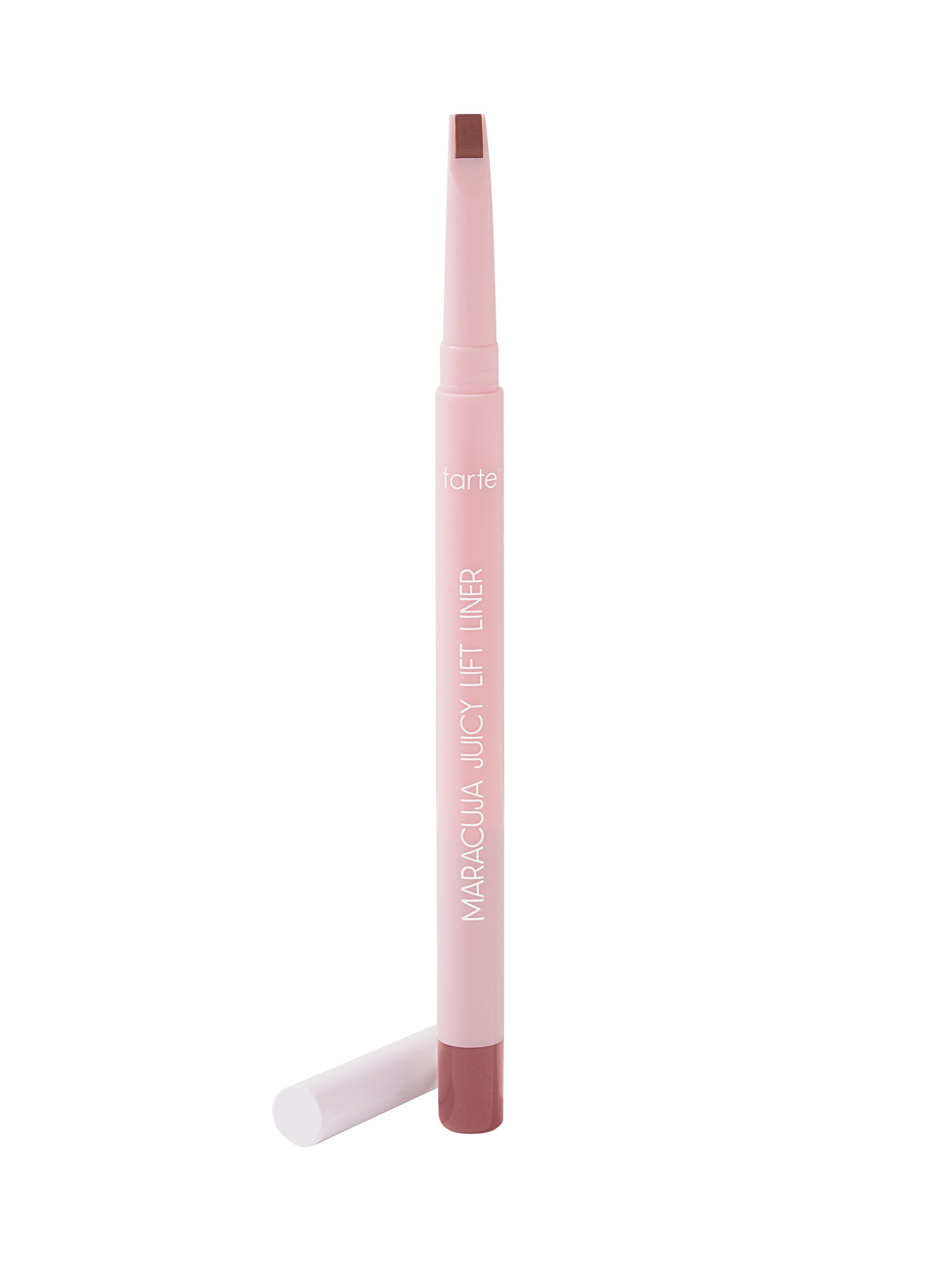 Lip liner with pink casing and brown tip on a white background