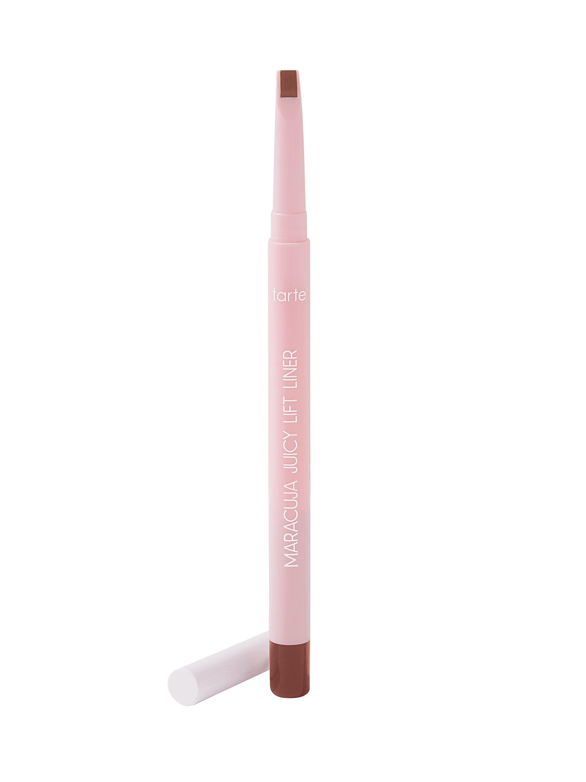 Lip liner with pink casing and brown tip on a white background