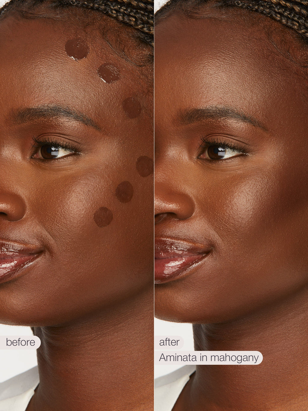 Before and after comparison of a woman's face with visible skin texture, using a product labeled 'Aminata in mahogany'.