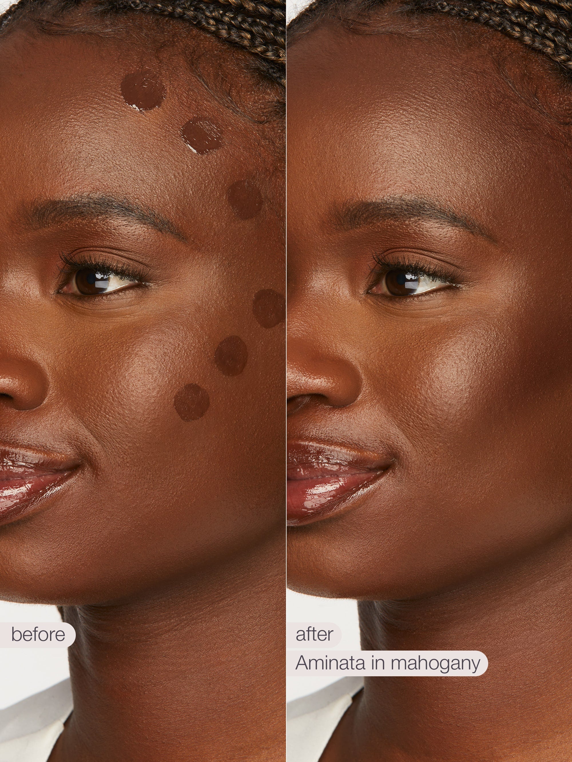 Before and after comparison of a woman's face with visible skin texture, using a product labeled 'Aminata in mahogany'.