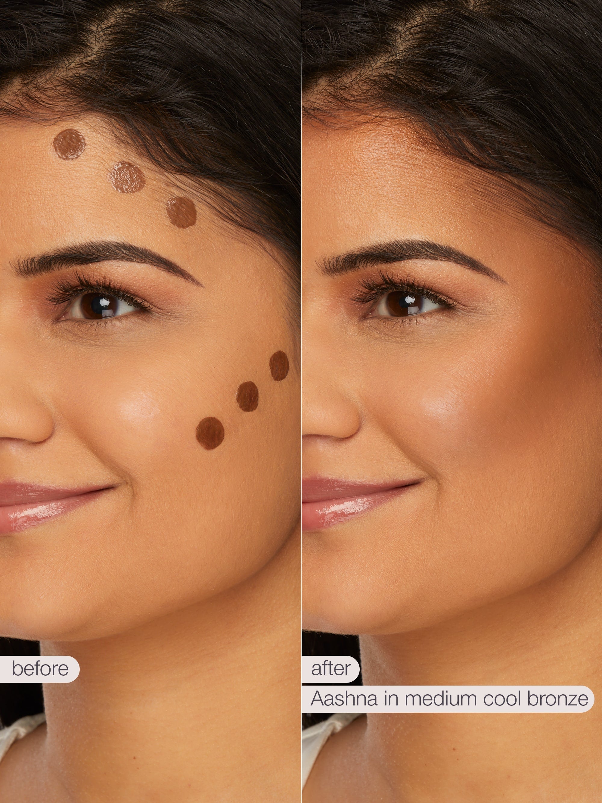 Before and after comparison of a woman's face with makeup application on her cheeks.