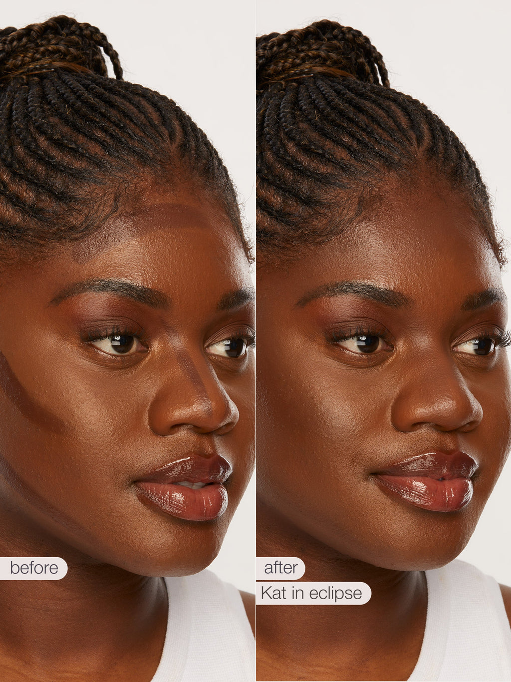 Before and after comparison of a woman's face with 'Kat in Eclipse' makeup.