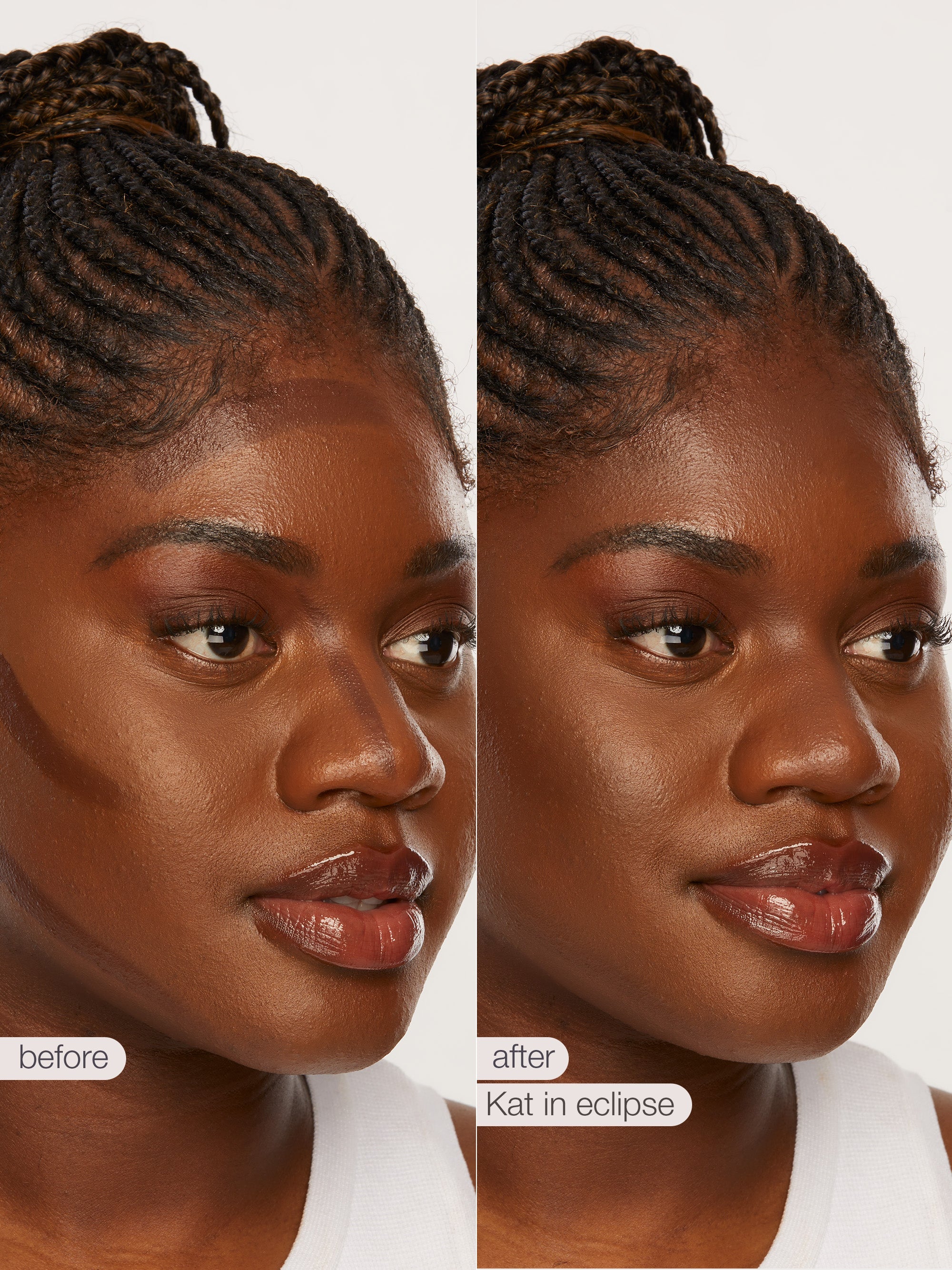 Before and after comparison of a woman's face with 'Kat in Eclipse' makeup.