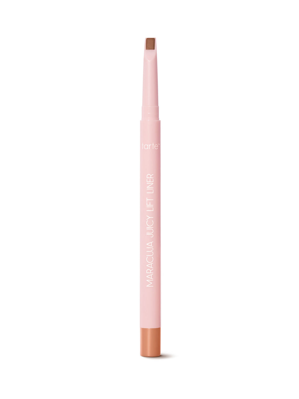 Pink makeup pencil with brown tip on a white background