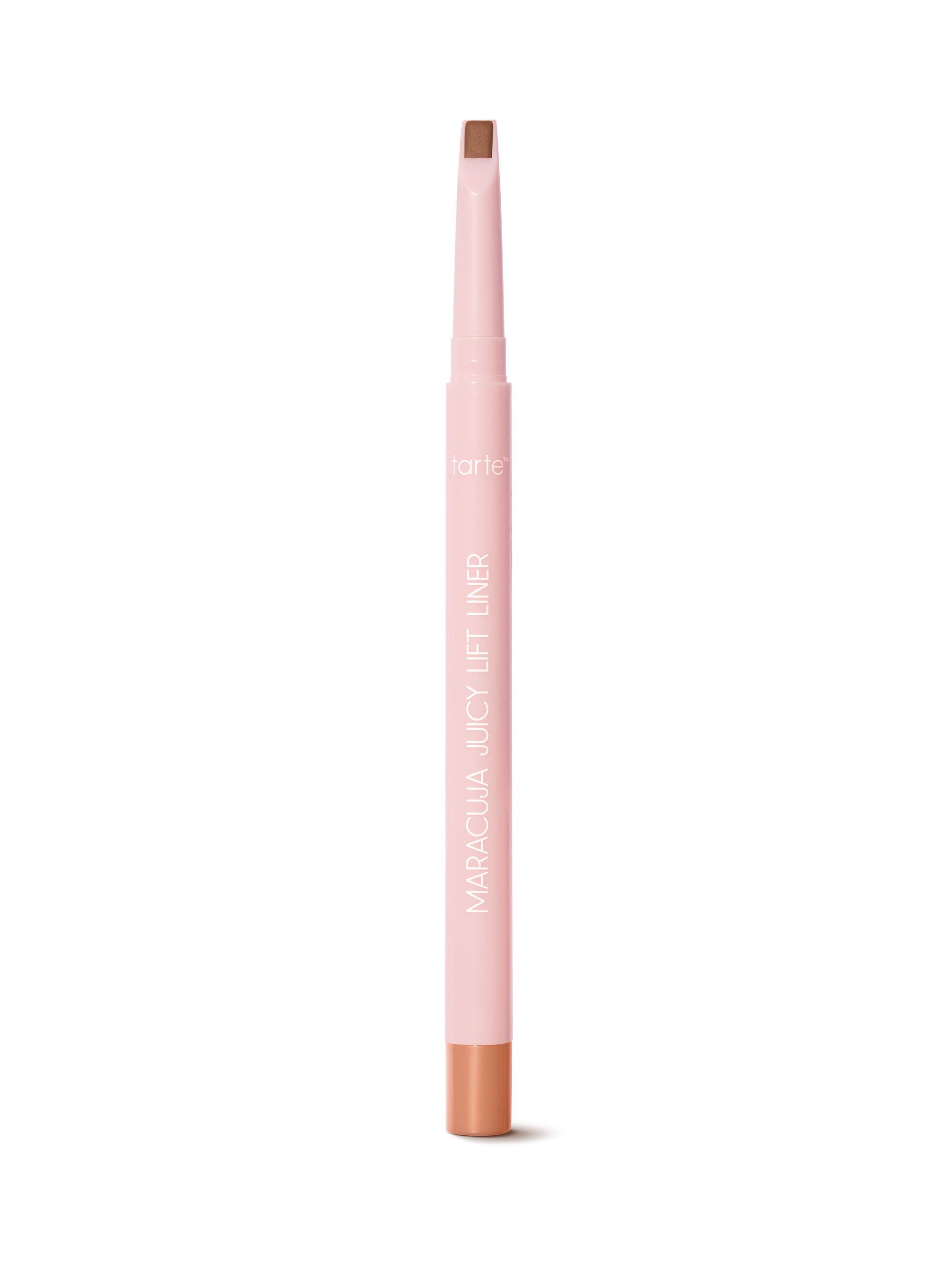 Pink makeup pencil with brown tip on a white background