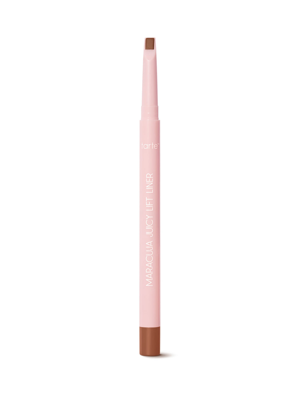Pink lip liner with brown tip on a white background