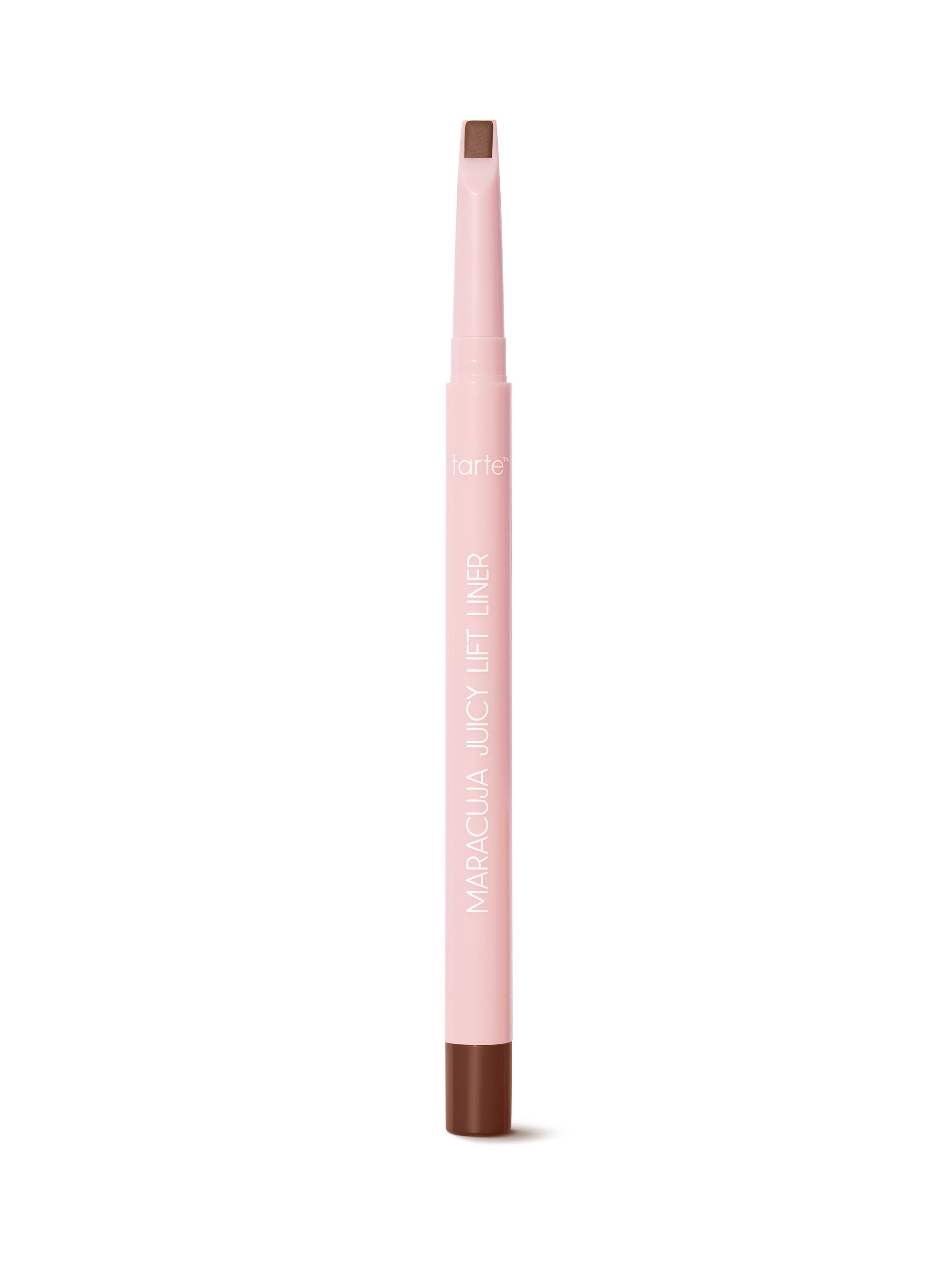 Pink makeup pencil with brown tip on a white background