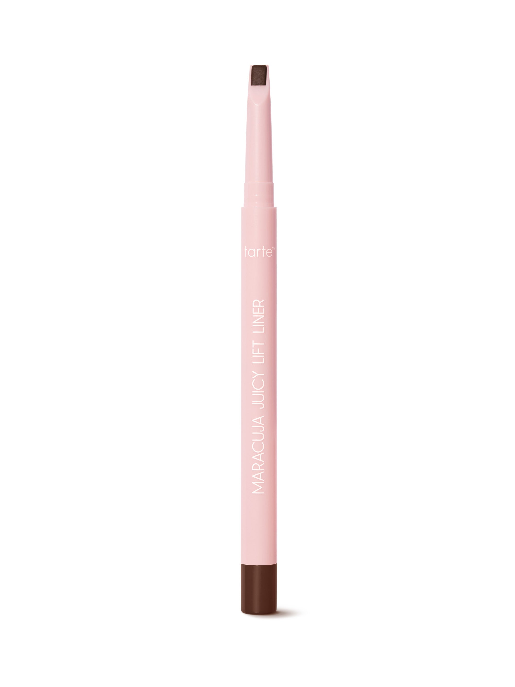 Pink makeup pencil with brown tip on a white background