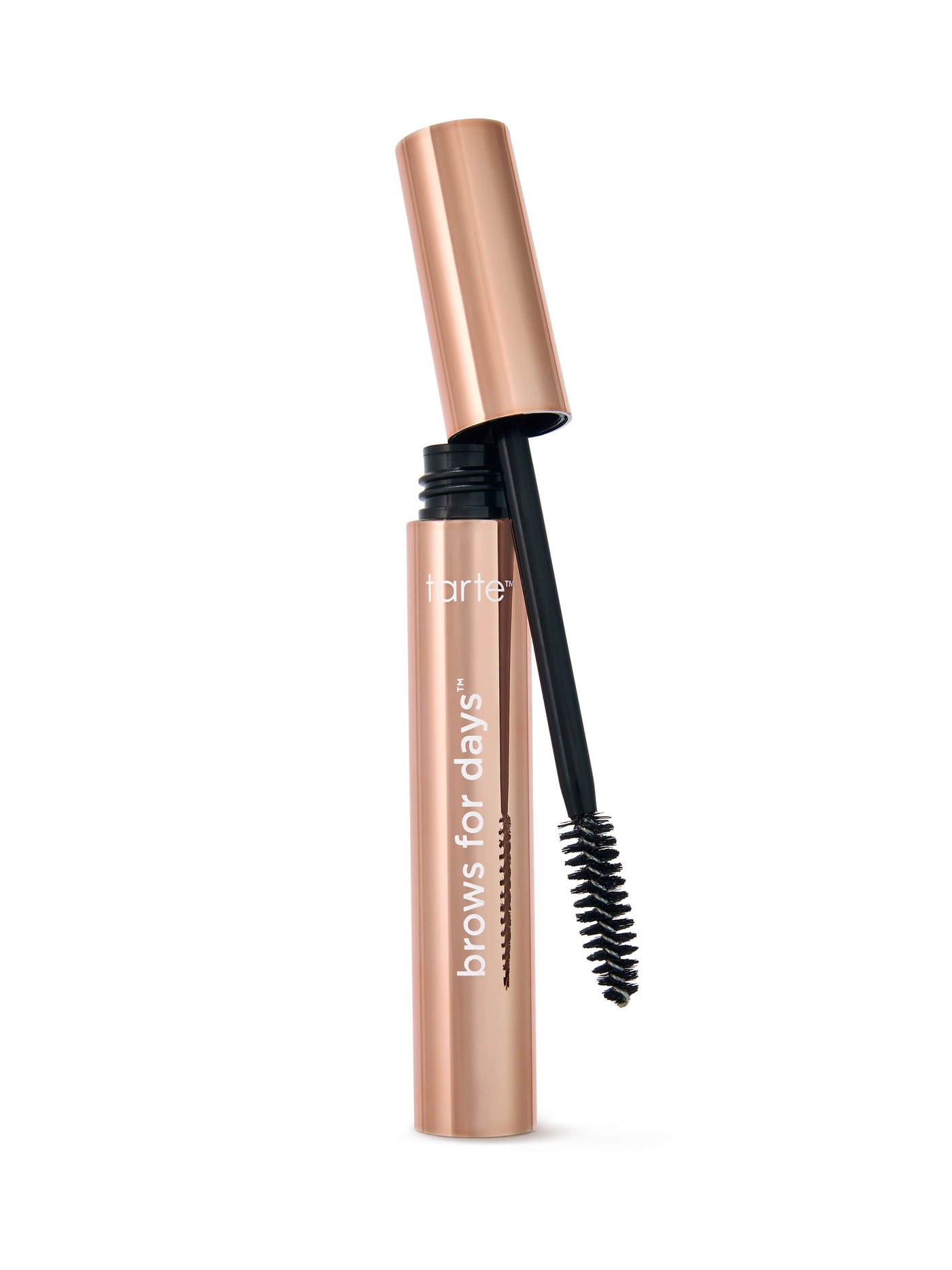 Tarte brow product with black bristle brush on a white background