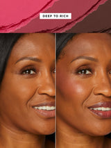 A woman is shown in two side-by-side images. Left: neutral expression. Right: smiling with blush on cheeks. Background features makeup swatches. Text reads: DEEP TO RICH.