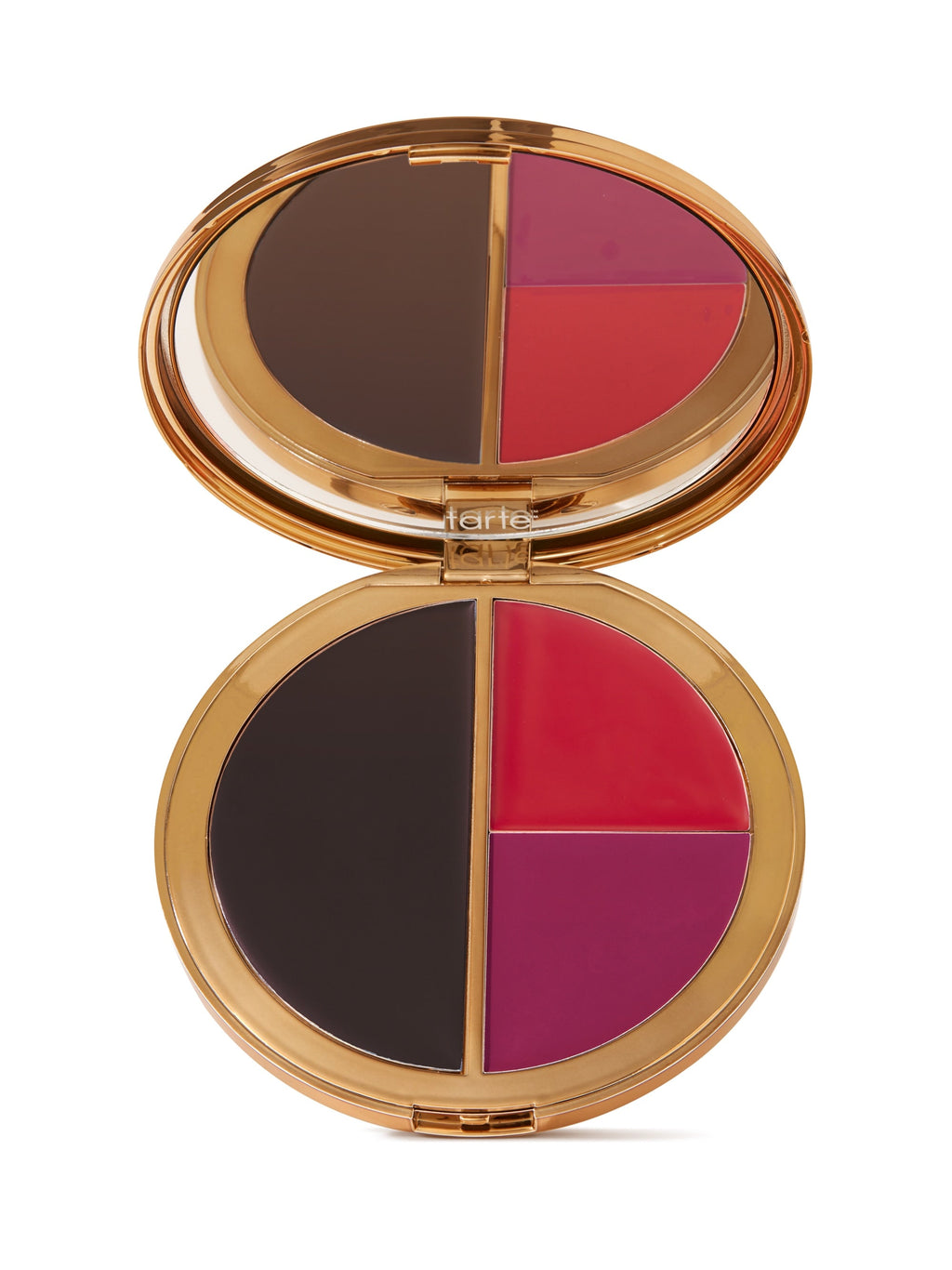 Makeup compact with four color swatches on a white background