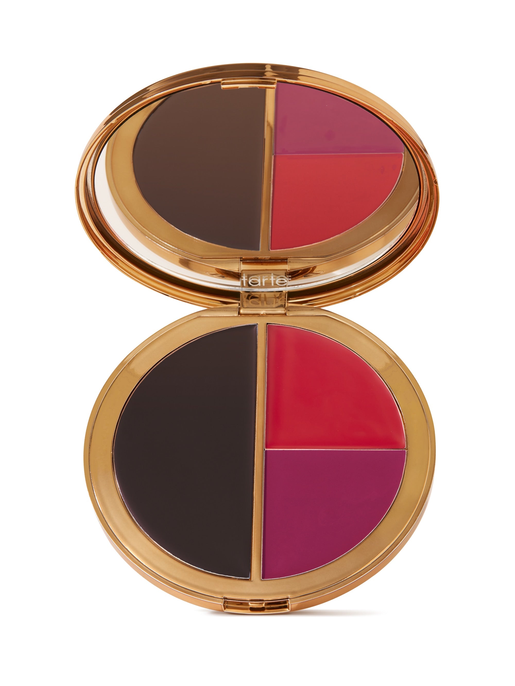 Makeup compact with four color swatches on a white background